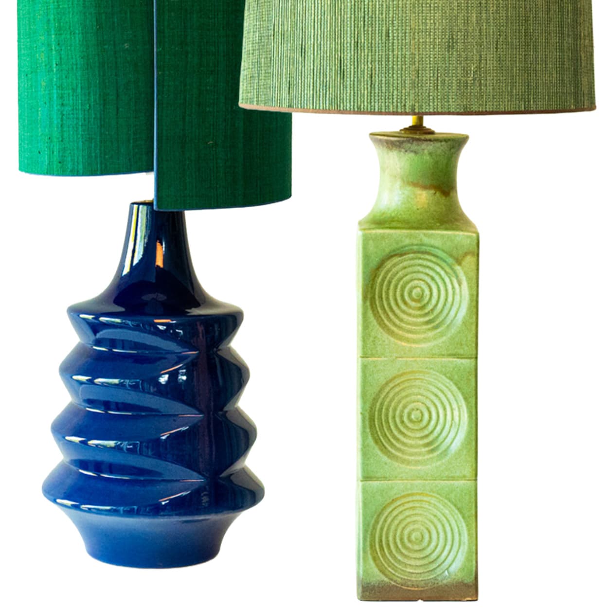 1 of the 2 Blue Green Floor Table Lamps, Custom Silk Lamp Shades by R. Houben