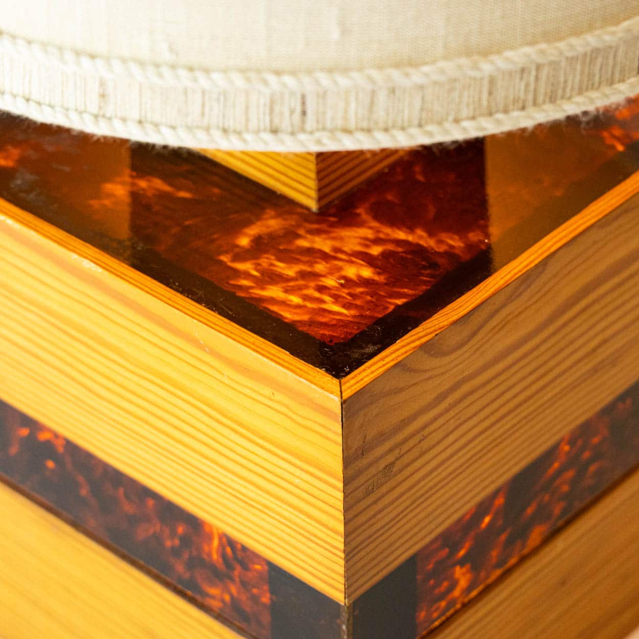 Square Wood and Tortoise Glass Table Lamp, Lampshade by R. Houben