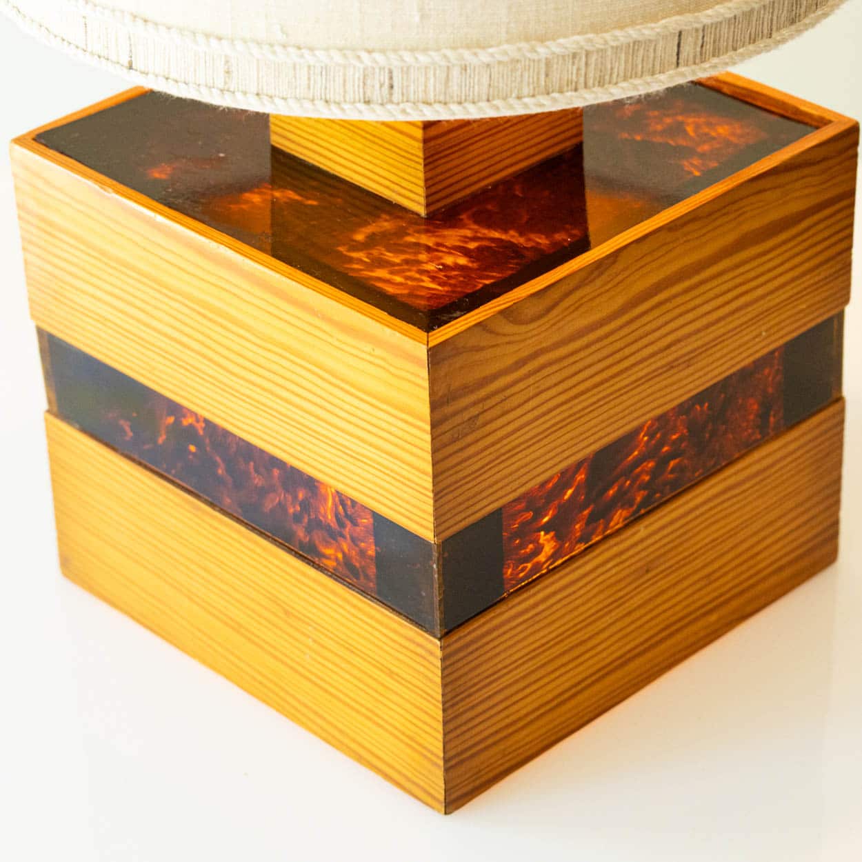 Square Wood and Tortoise Glass Table Lamp, Lampshade by R. Houben