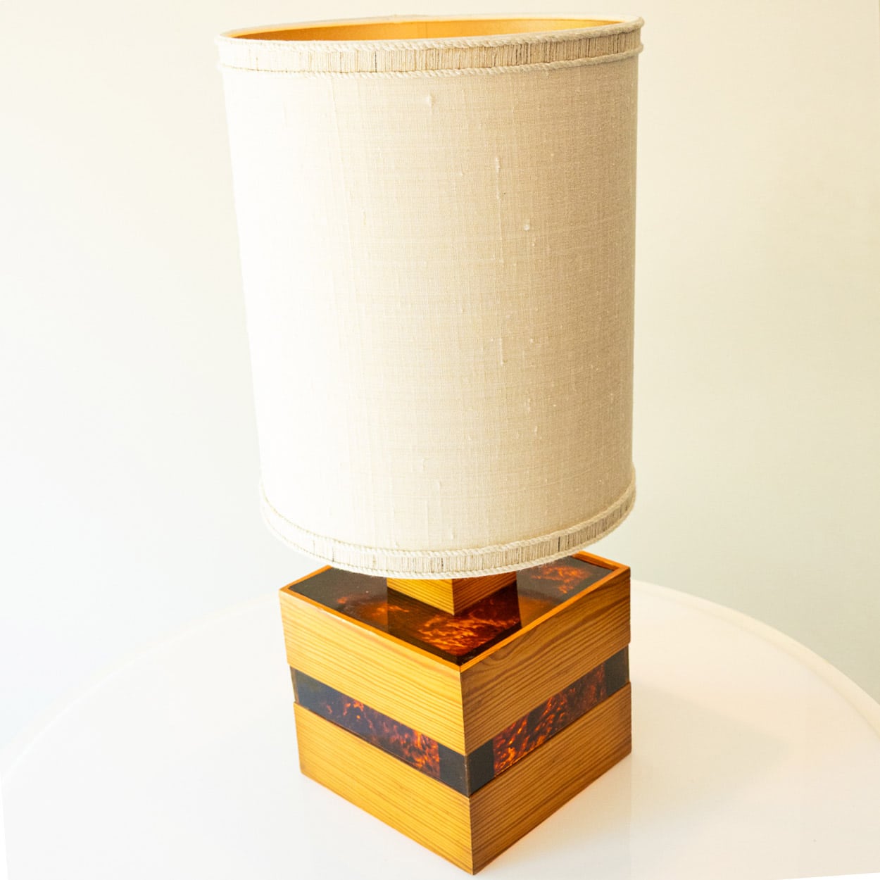 Square Wood and Tortoise Glass Table Lamp, Lampshade by R. Houben
