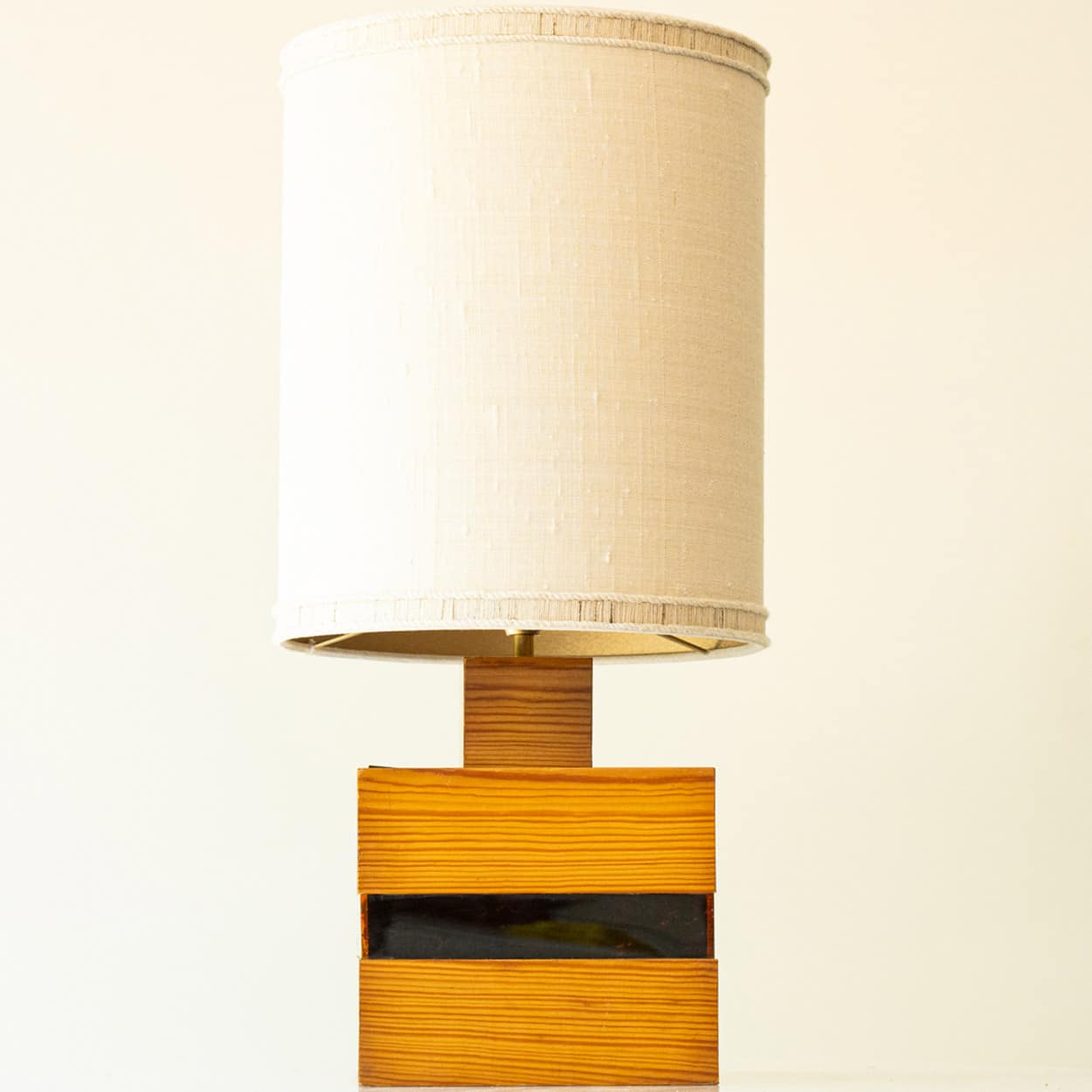 Square Wood and Tortoise Glass Table Lamp, Lampshade by R. Houben