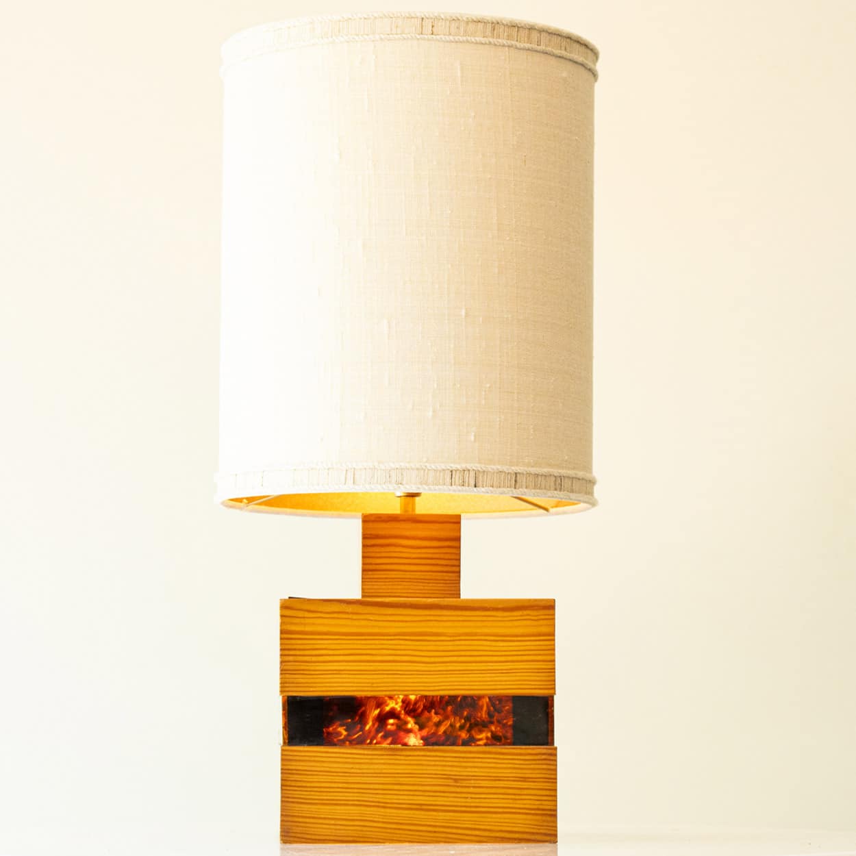 Square Wood and Tortoise Glass Table Lamp, Lampshade by R. Houben