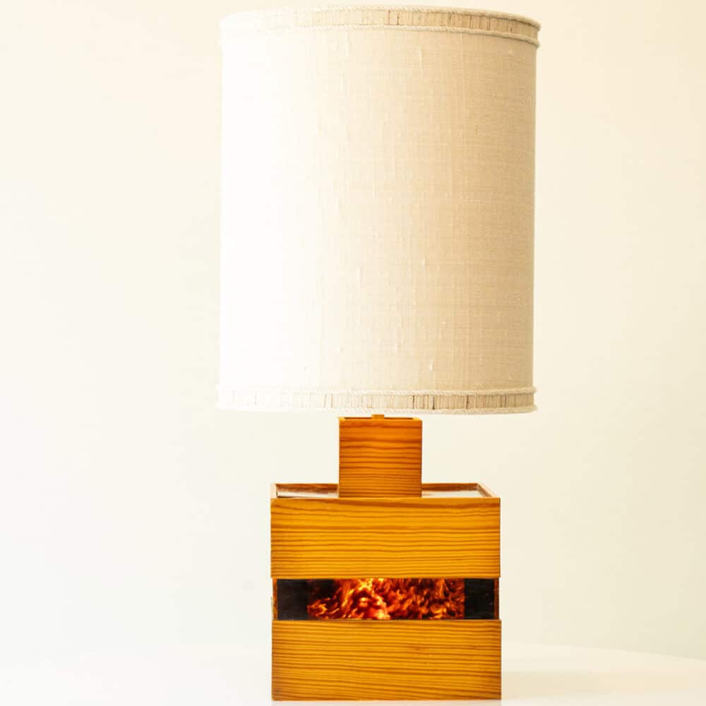 Square Wood and Tortoise Glass Table Lamp, Lampshade by R. Houben