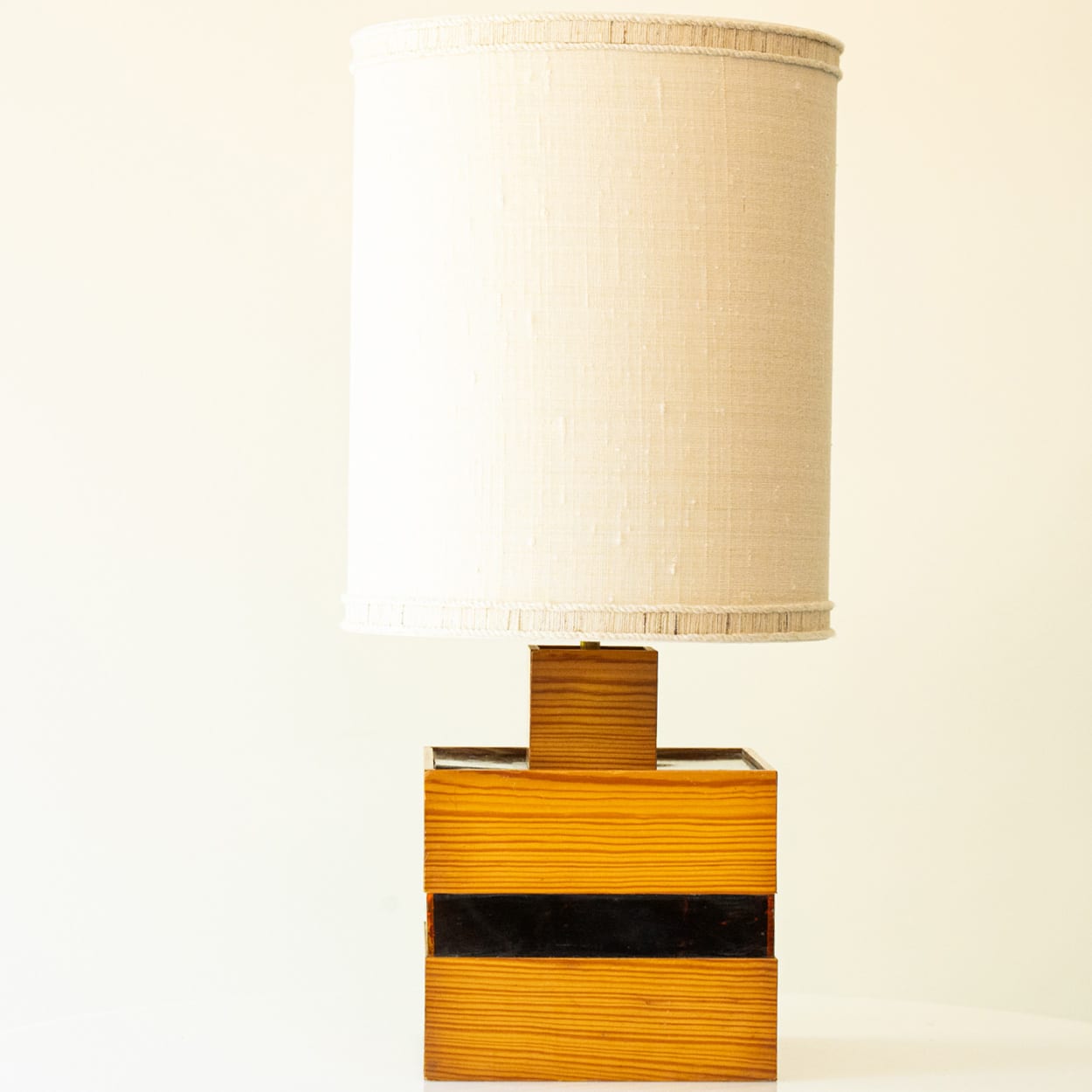 Square Wood and Tortoise Glass Table Lamp, Lampshade by R. Houben