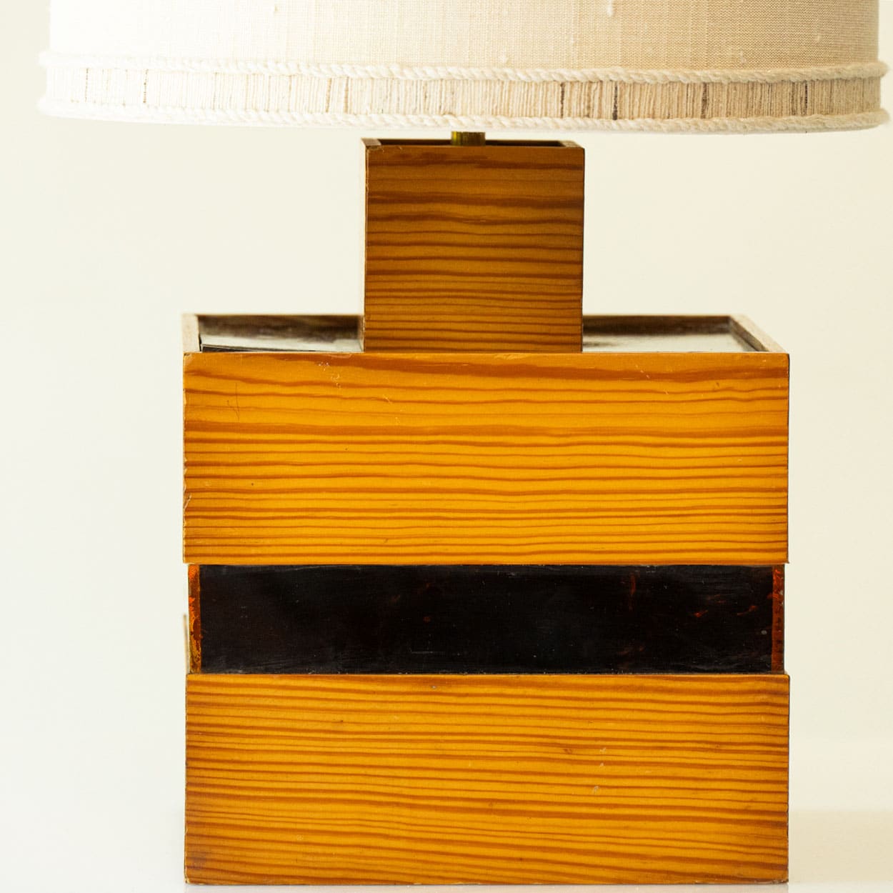 Square Wood and Tortoise Glass Table Lamp, Lampshade by R. Houben
