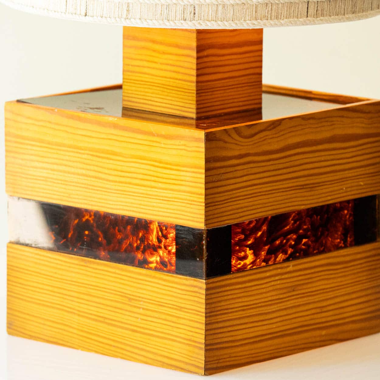 Square Wood and Tortoise Glass Table Lamp, Lampshade by R. Houben