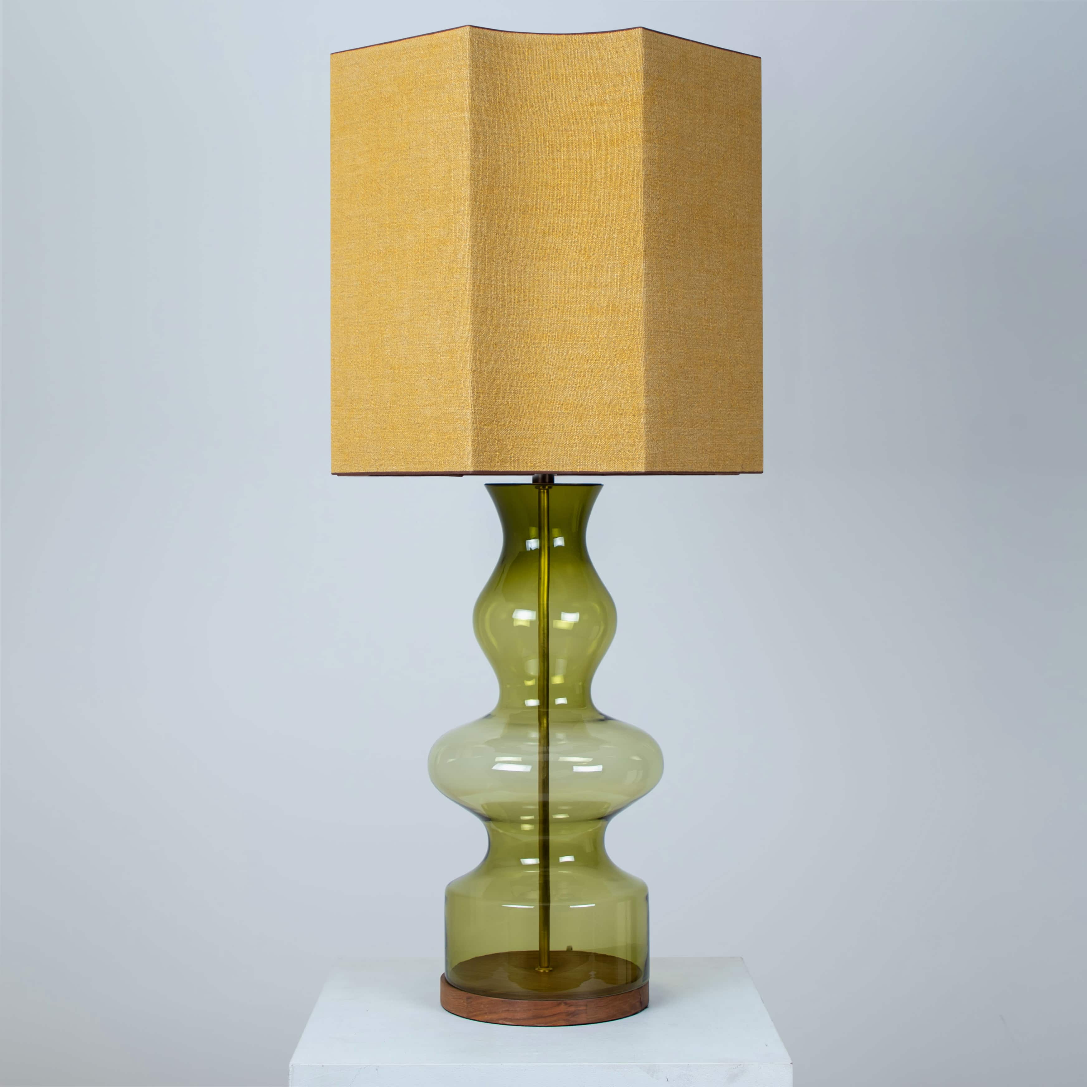 1 of the 6 XL Green Glass Table Lamps, Custom Silk Lamp Shades by R. Houben