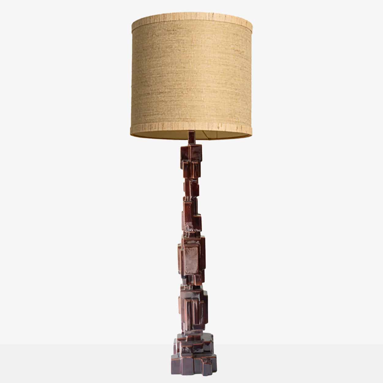 XXL Dark Brown Brutalist Ceramic Floor Lamp, Custom Made Lampshade by R. Houben