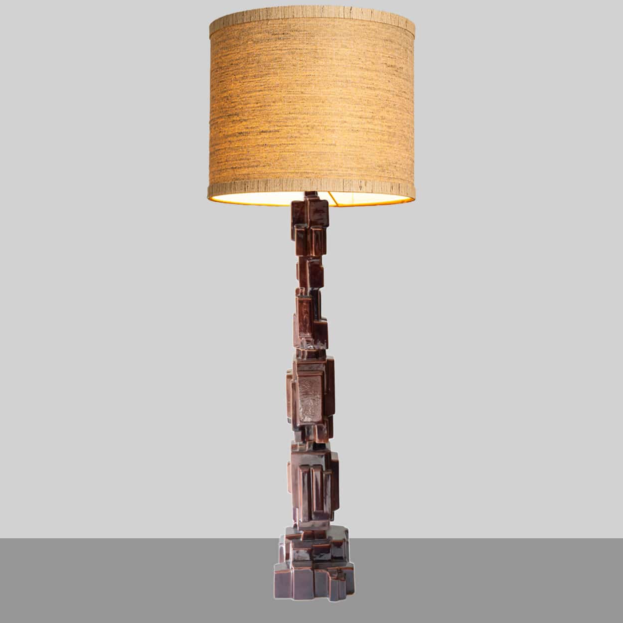 XXL Dark Brown Brutalist Ceramic Floor Lamp, Custom Made Lampshade by R. Houben
