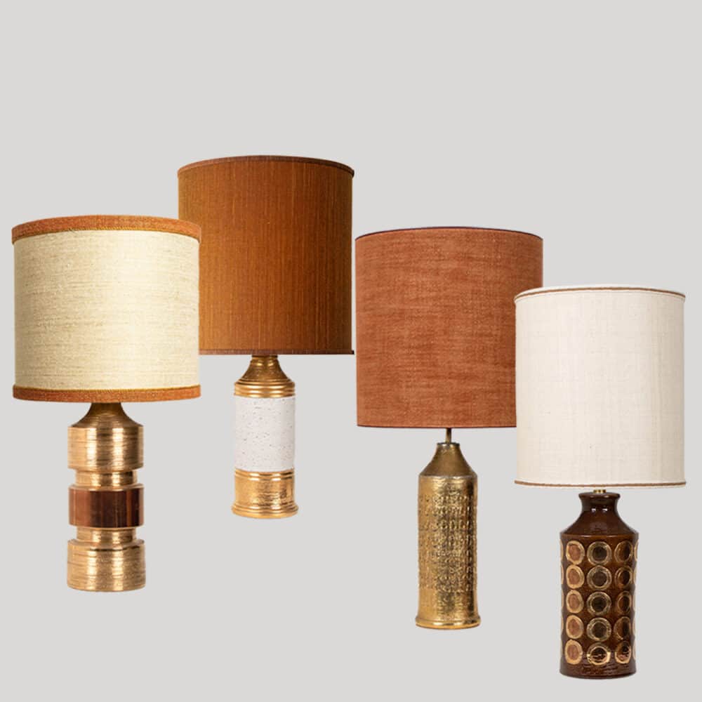 1 of the 4 XL Gold Warm Tones Table Lamps, Custom Silk Lamp Shades by R. Houben