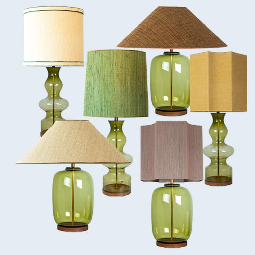 1 of the 6 XL Green Glass Table Lamps, Custom Silk Lamp Shades by R. Houben