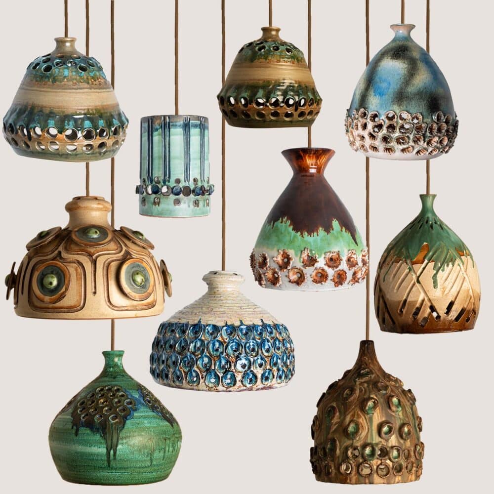 1 of the 10 Ceramic Green Blue Brown Pendants, Denmark 1970
