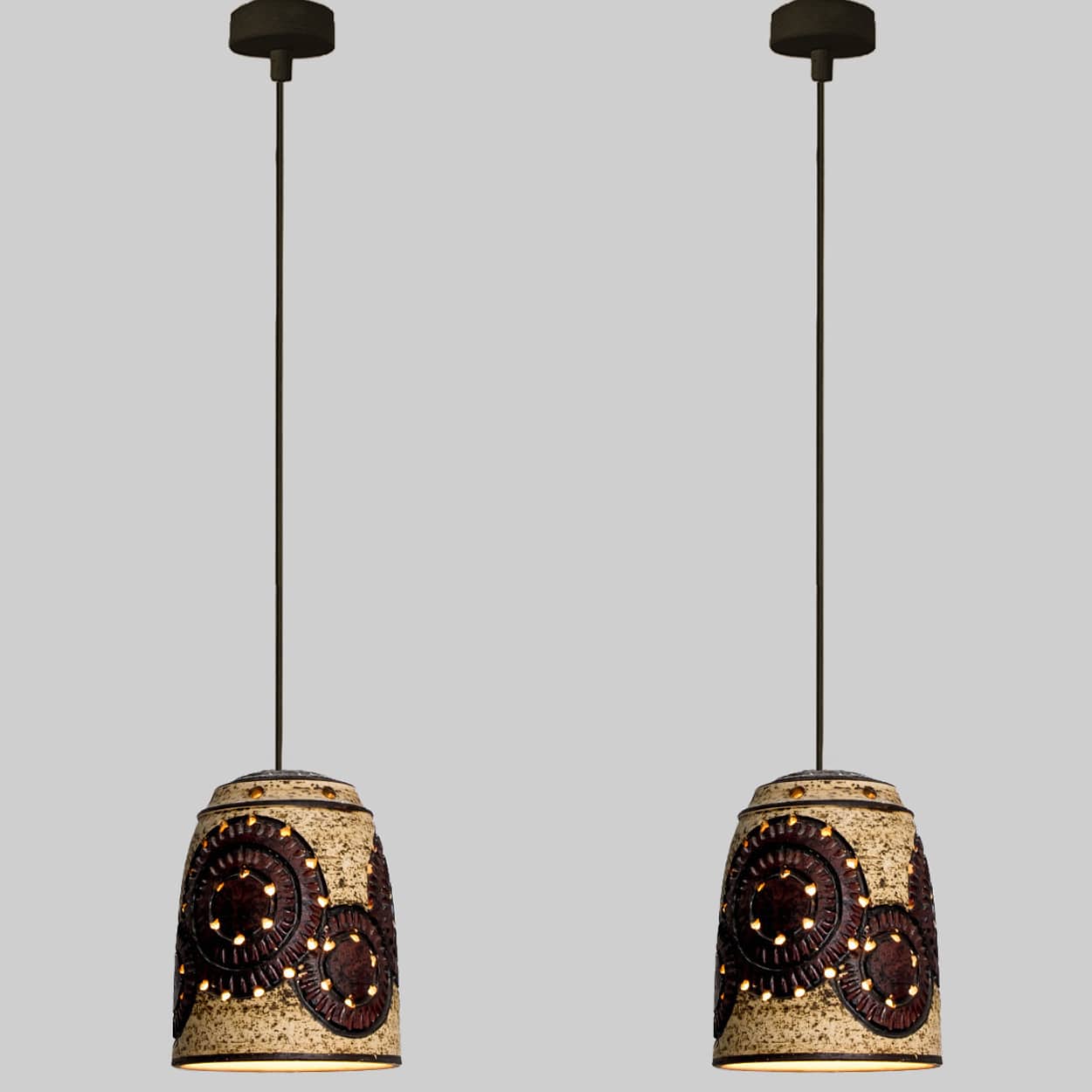 1 of the 2 Burgundy Beige Ceramic Pendants, Denmark, 1960s