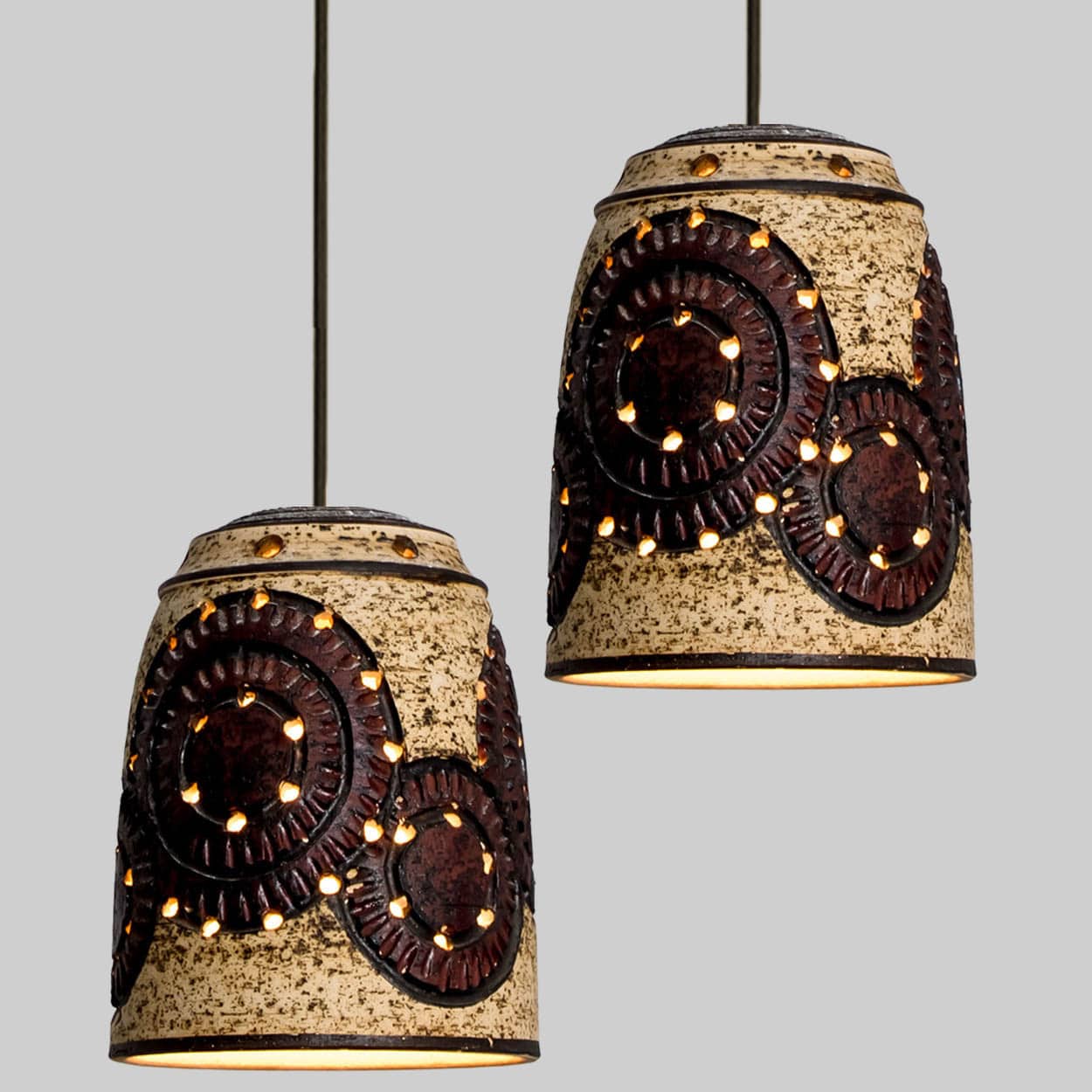 1 of the 2 Burgundy Beige Ceramic Pendants, Denmark, 1960s