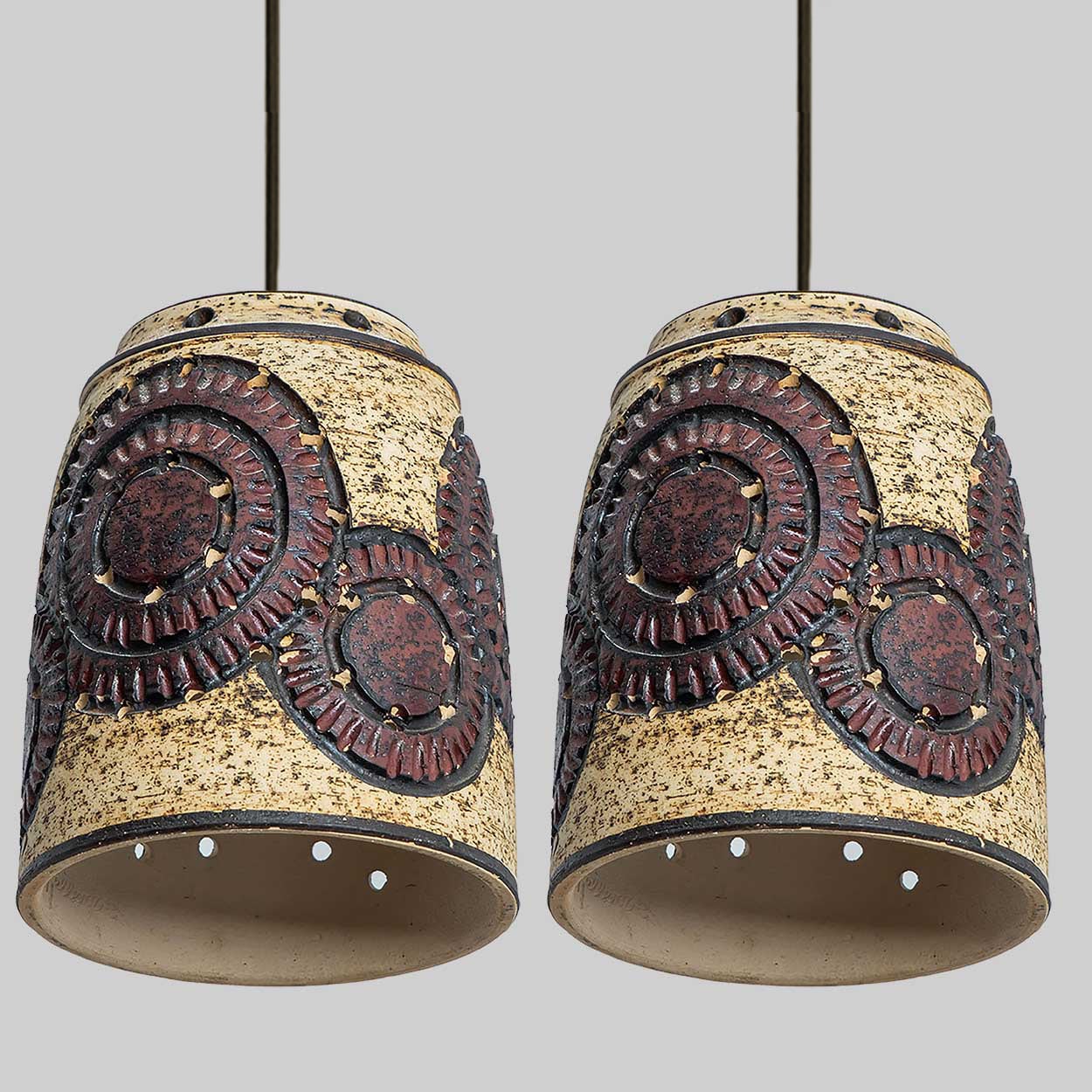 1 of the 2 Burgundy Beige Ceramic Pendants, Denmark, 1960s