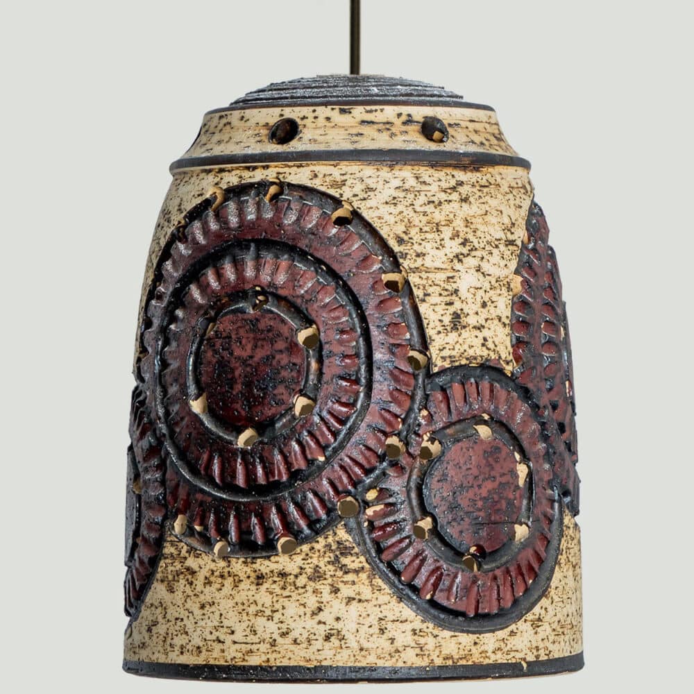 1 of the 2 Burgundy Beige Ceramic Pendants, Denmark, 1960s