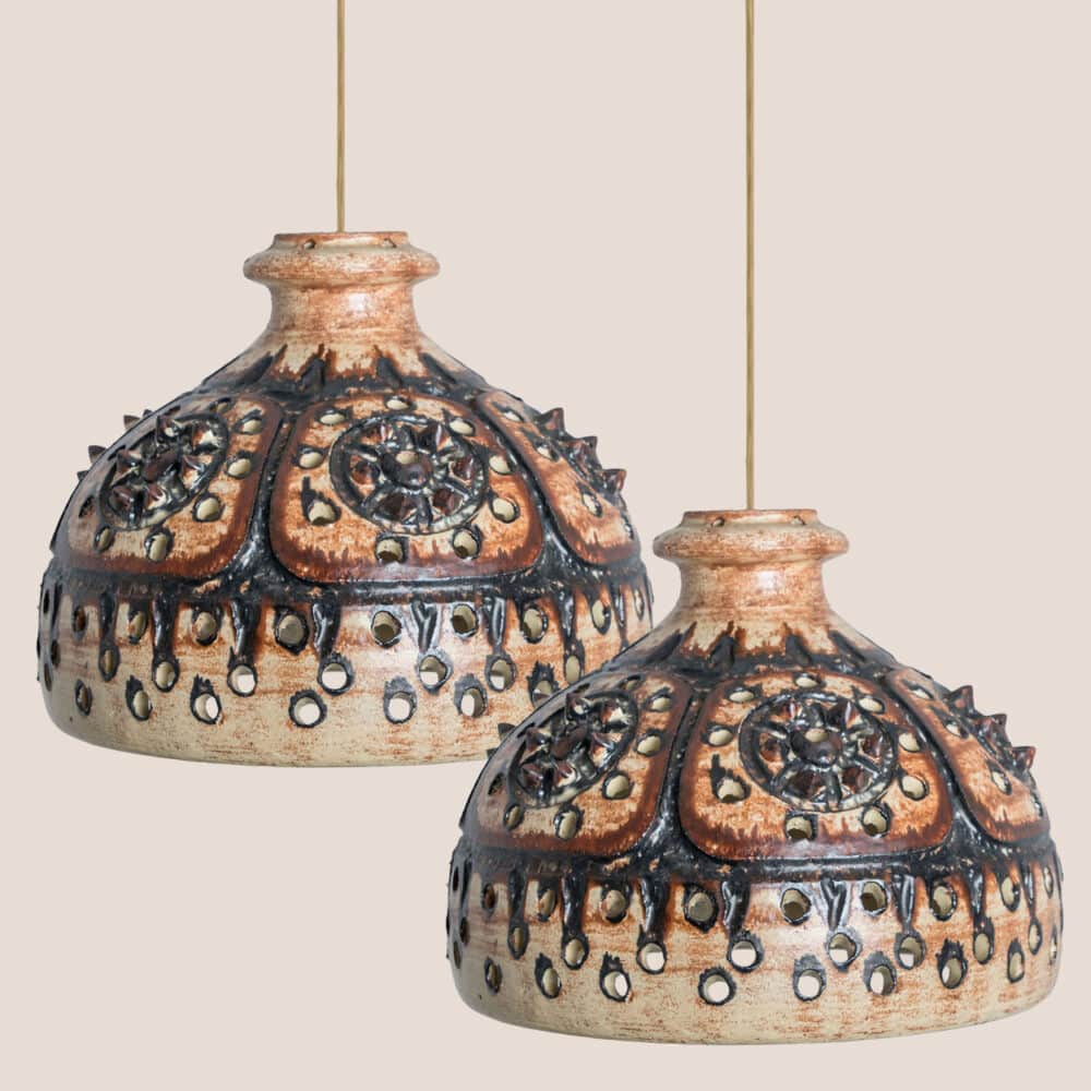 1 of the 2 Chocolate Brown Beige Ceramic Pendant Holes Spikes, Denmark 1960