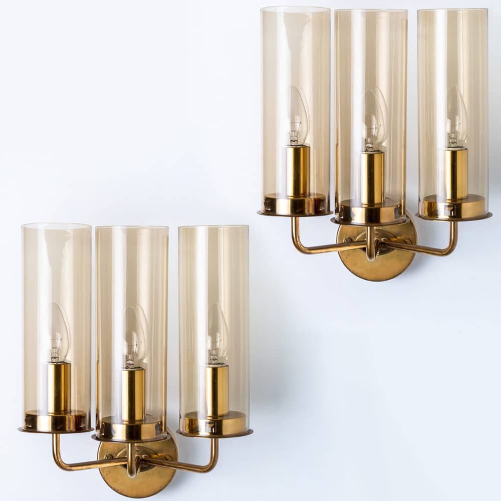 Pair of Brass and Amber Glass Wall Lights by Jakobsson, 1960