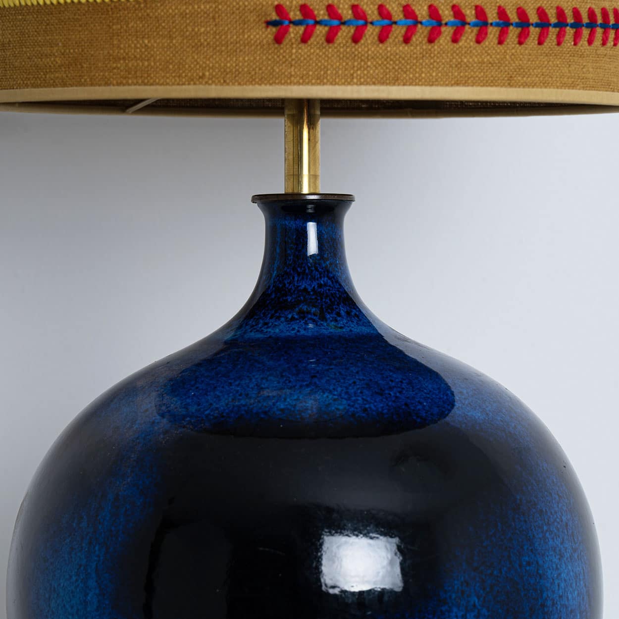 XL Ceramic Floor Table Lamp Cobalt Blue, Multicolor Silk Lampshade by R. Houben