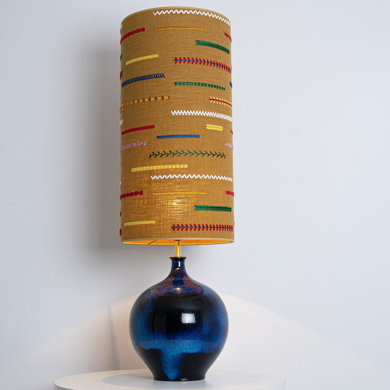XL Ceramic Floor Table Lamp Cobalt Blue, Multicolor Silk Lampshade by R. Houben