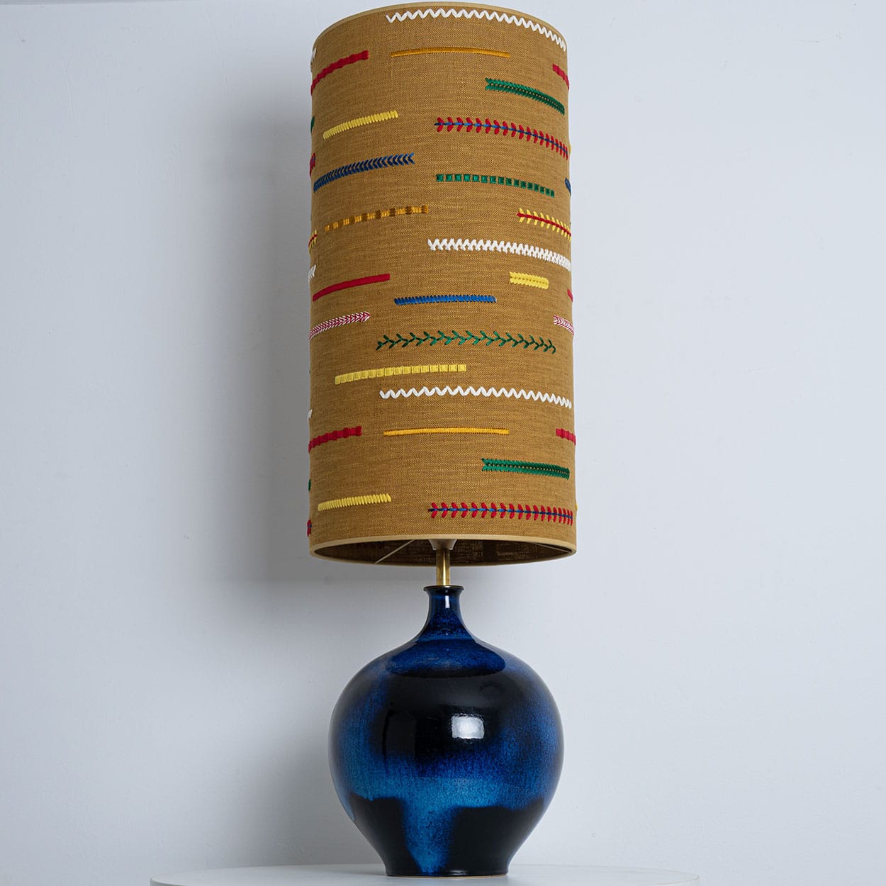 XL Ceramic Floor Table Lamp Cobalt Blue, Multicolor Silk Lampshade by R. Houben