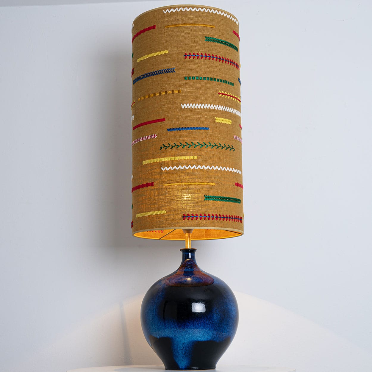XL Ceramic Floor Table Lamp Cobalt Blue, Multicolor Silk Lampshade by R. Houben
