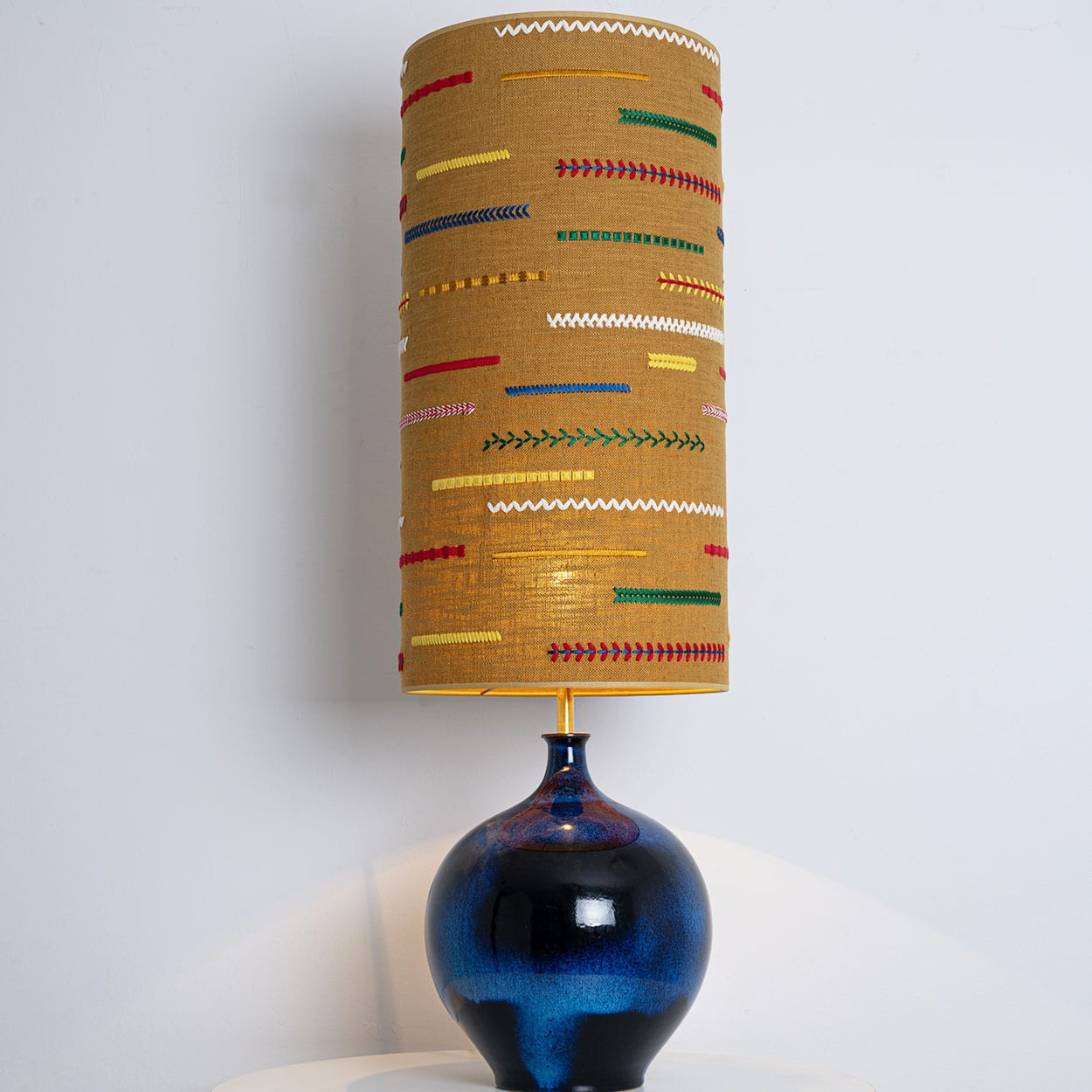 XL Ceramic Floor Table Lamp Cobalt Blue, Multicolor Silk Lampshade by R. Houben