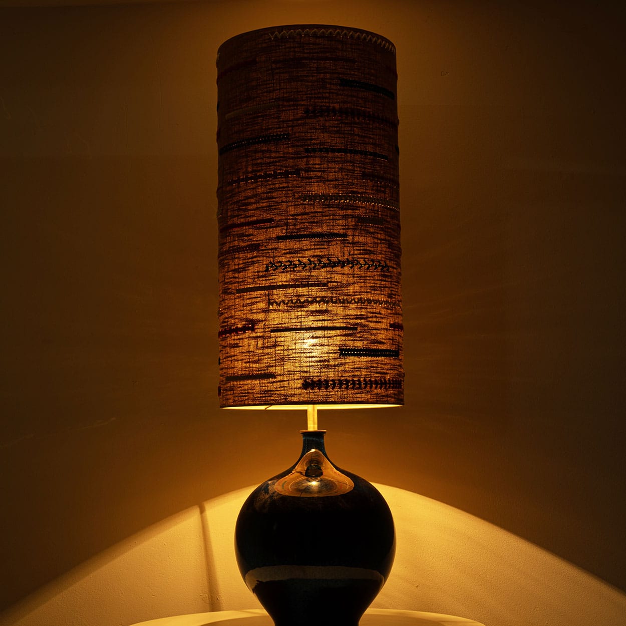 XL Ceramic Floor Table Lamp Cobalt Blue, Multicolor Silk Lampshade by R. Houben