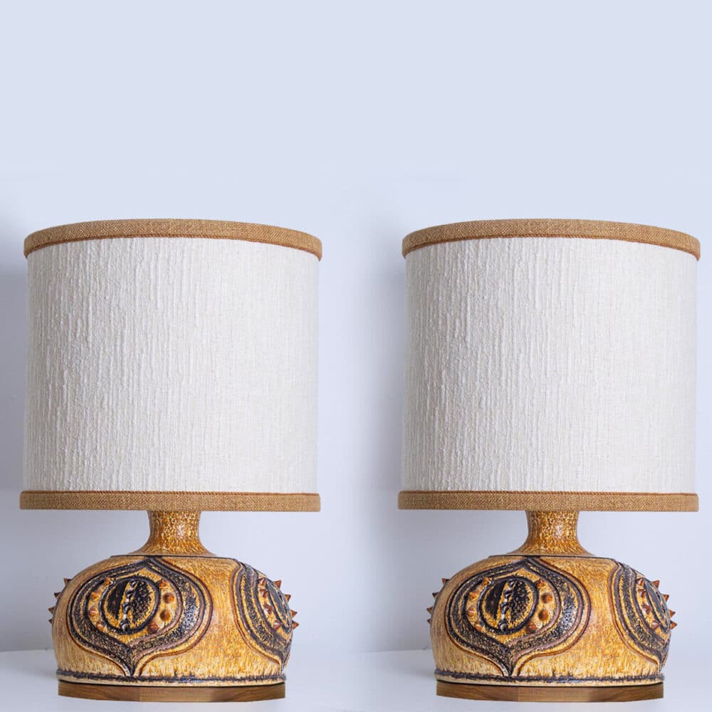 1 of the 2 Axella Ceramic Yellow Cognac Lamps with Custom Shades, Denmark 1970