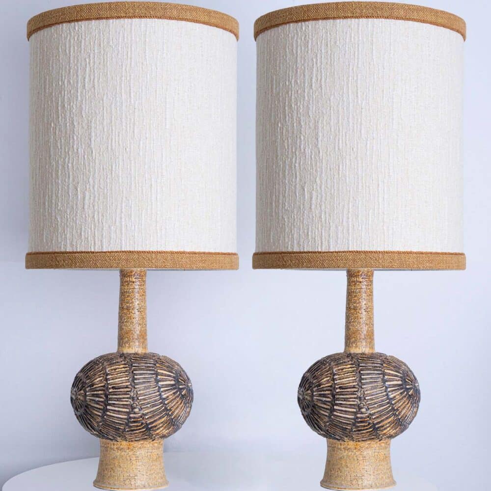 1 of the 2 Axella Ceramic Beige Brown Lamps, Custom Shade by R. Houben