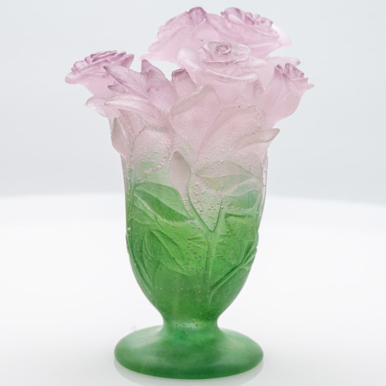 Daum Art Glass Vase Roses Pink Green, France