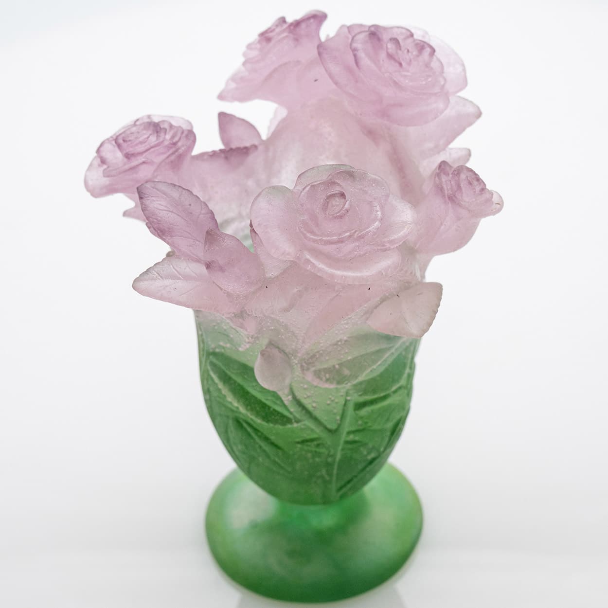 Daum Art Glass Vase Roses Pink Green, France