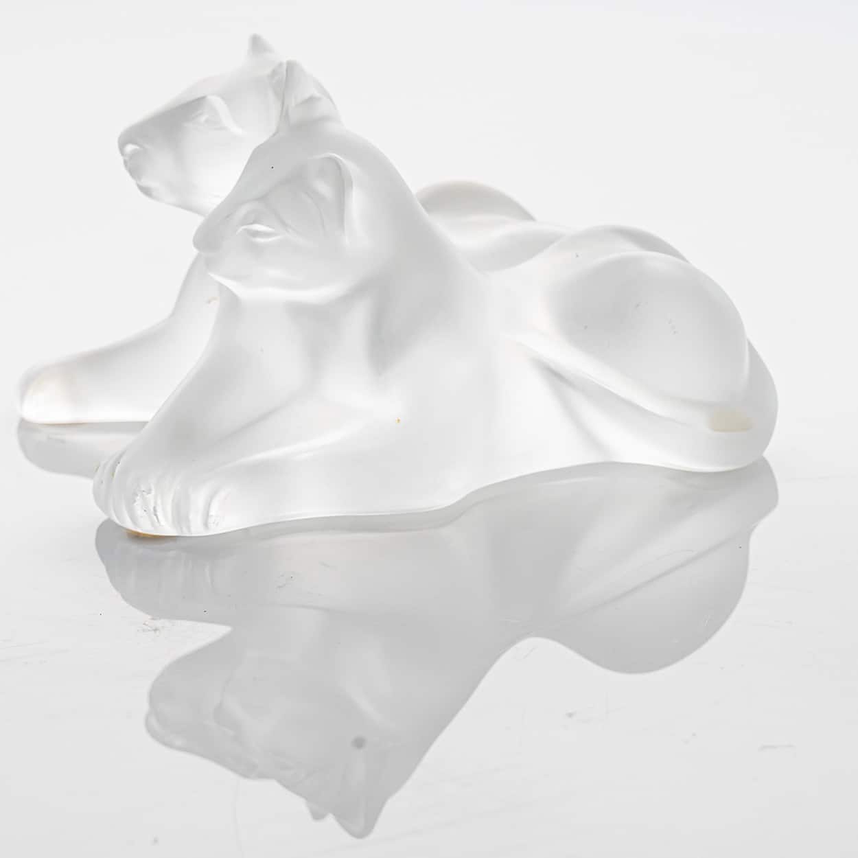 Lalique Signed Frosted Crystal Lion Cubs Sculpture, France