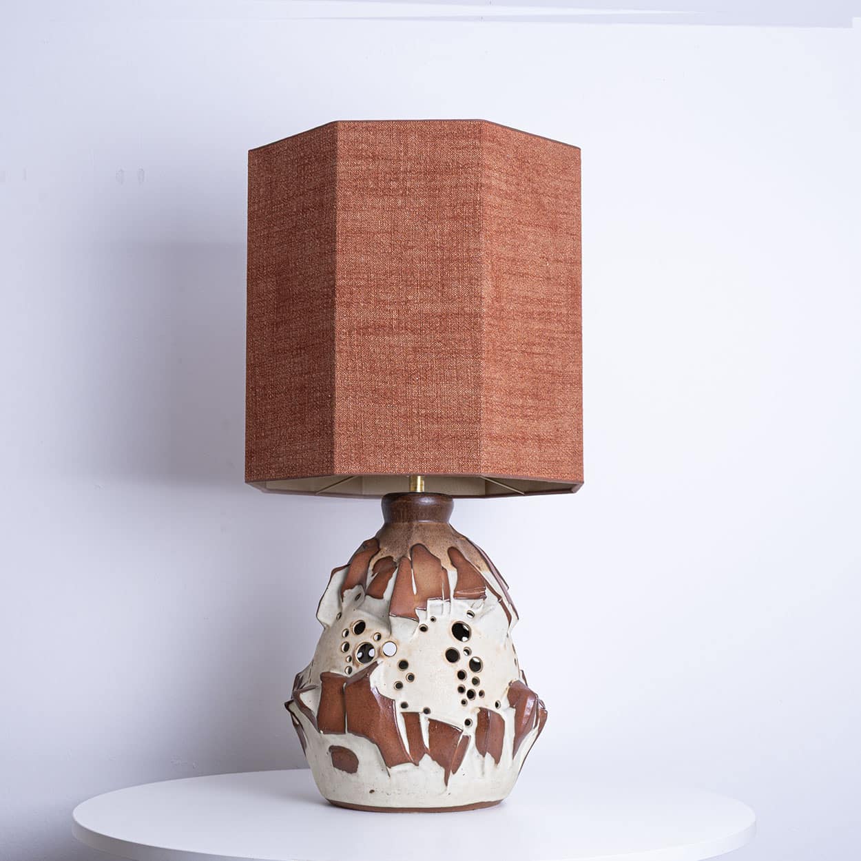 Large White Brique Ceramic Floor Table Lamp, Octagonal Lampshade by R. Houben