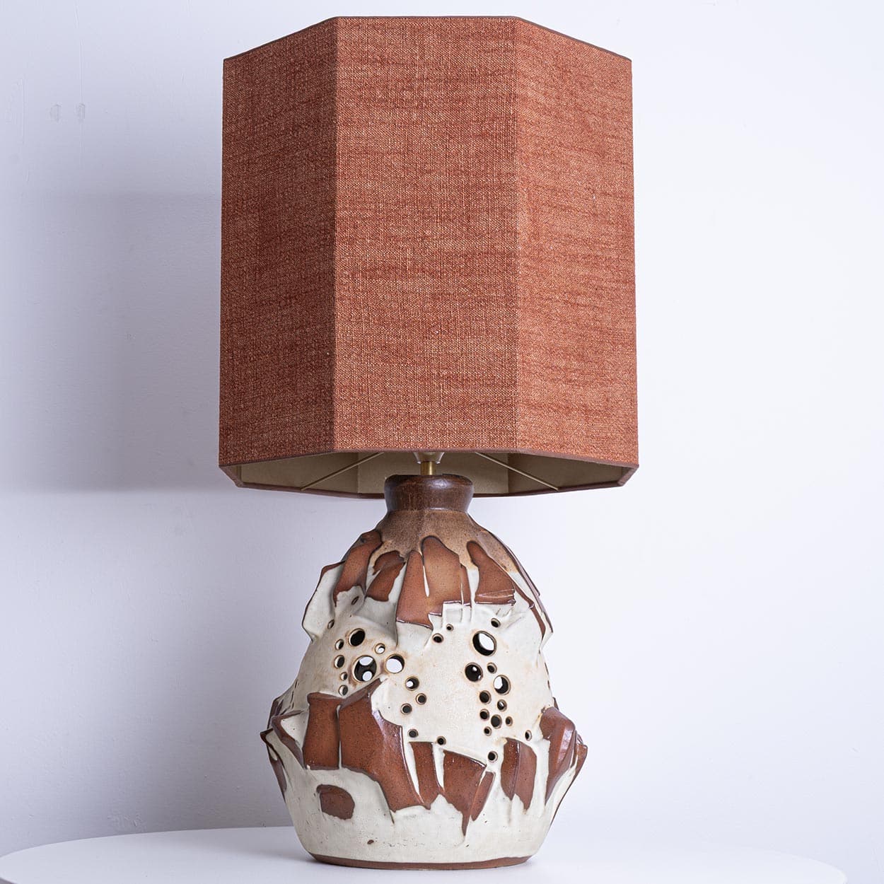 Large White Brique Ceramic Floor Table Lamp, Octagonal Lampshade by R. Houben