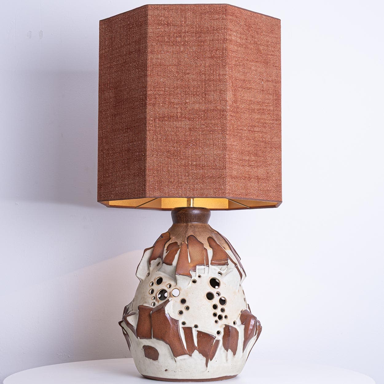 Large White Brique Ceramic Floor Table Lamp, Octagonal Lampshade by R. Houben