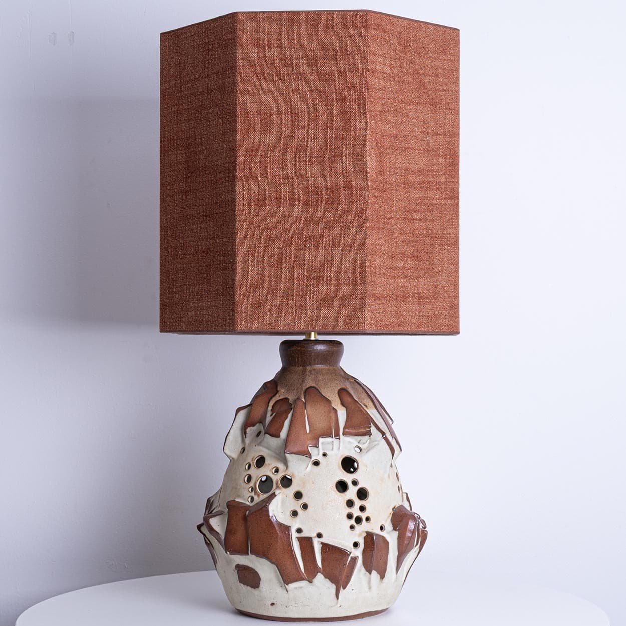 Large White Brique Ceramic Floor Table Lamp, Octagonal Lampshade by R. Houben
