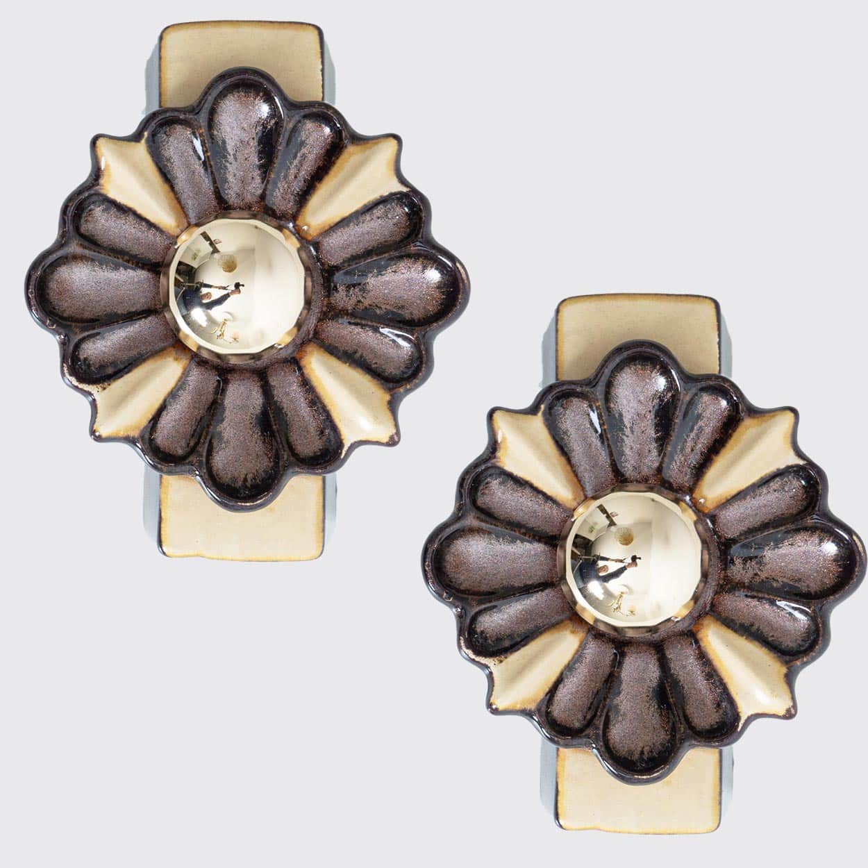 Pair of Rectangular Flower Shaped Wall Lights Ceramic by Pan, Denmark 1970