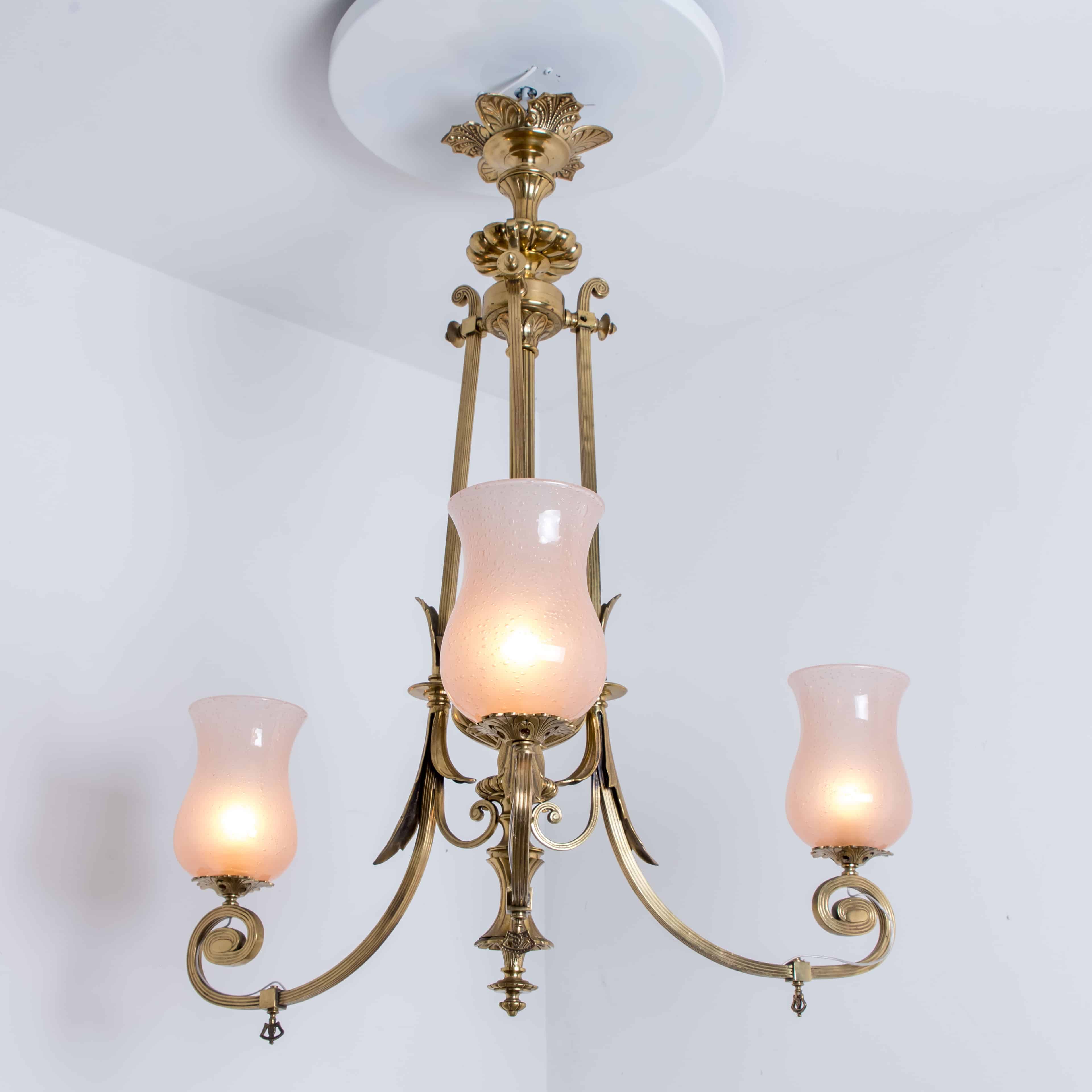 Stunning Art Deco Pink Glass Brass Chandelier, 1930