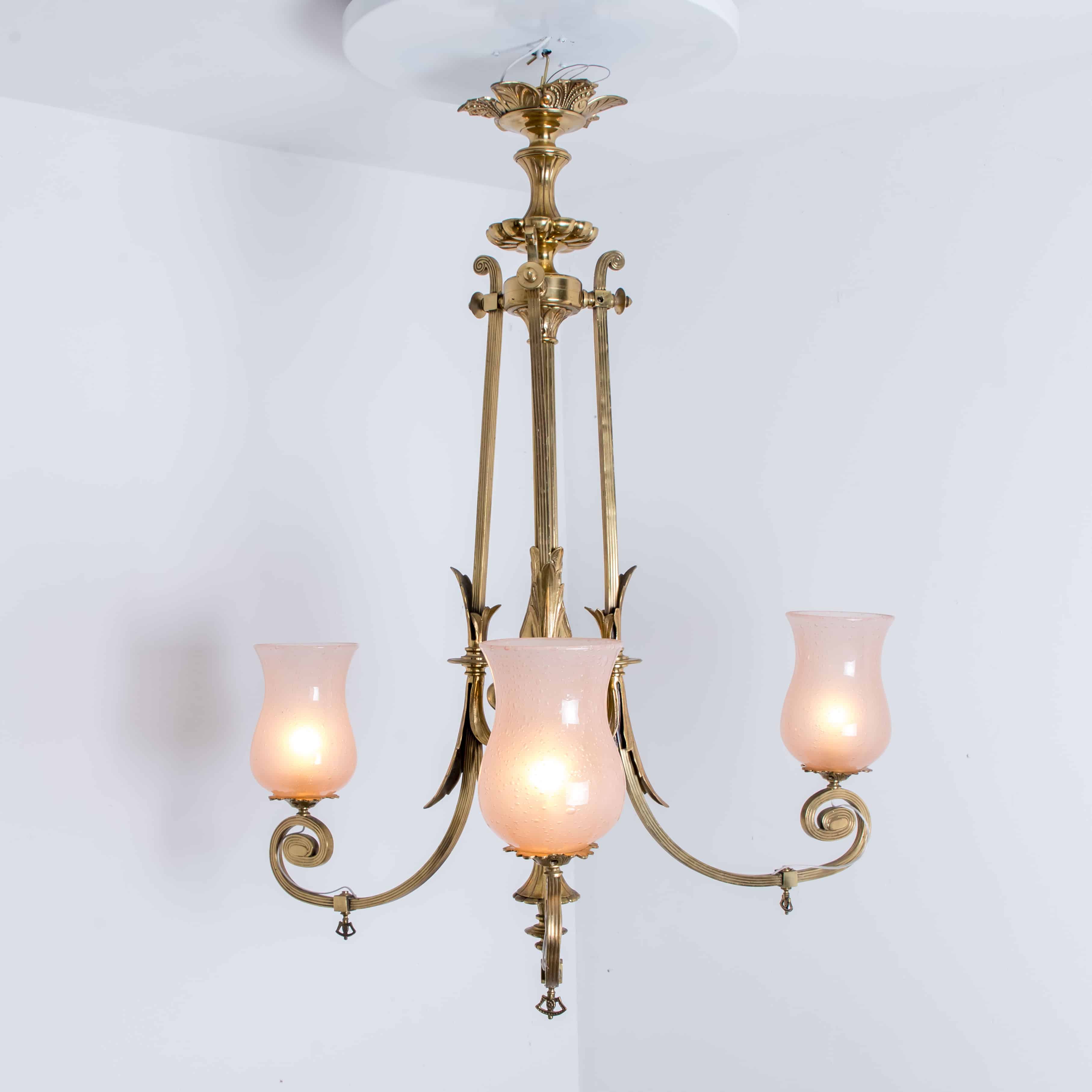 Stunning Art Deco Pink Glass Brass Chandelier, 1930