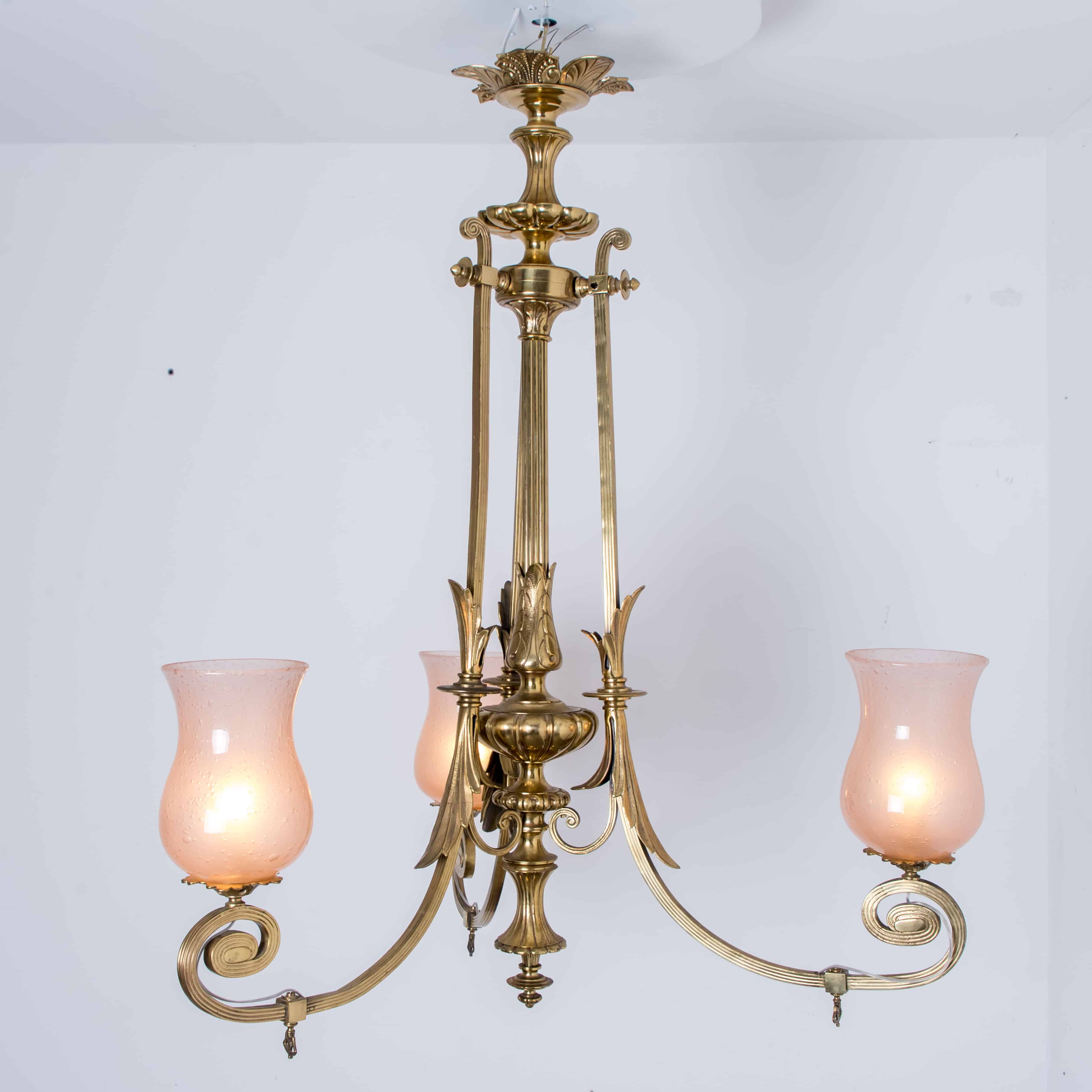 Stunning Art Deco Pink Glass Brass Chandelier, 1930