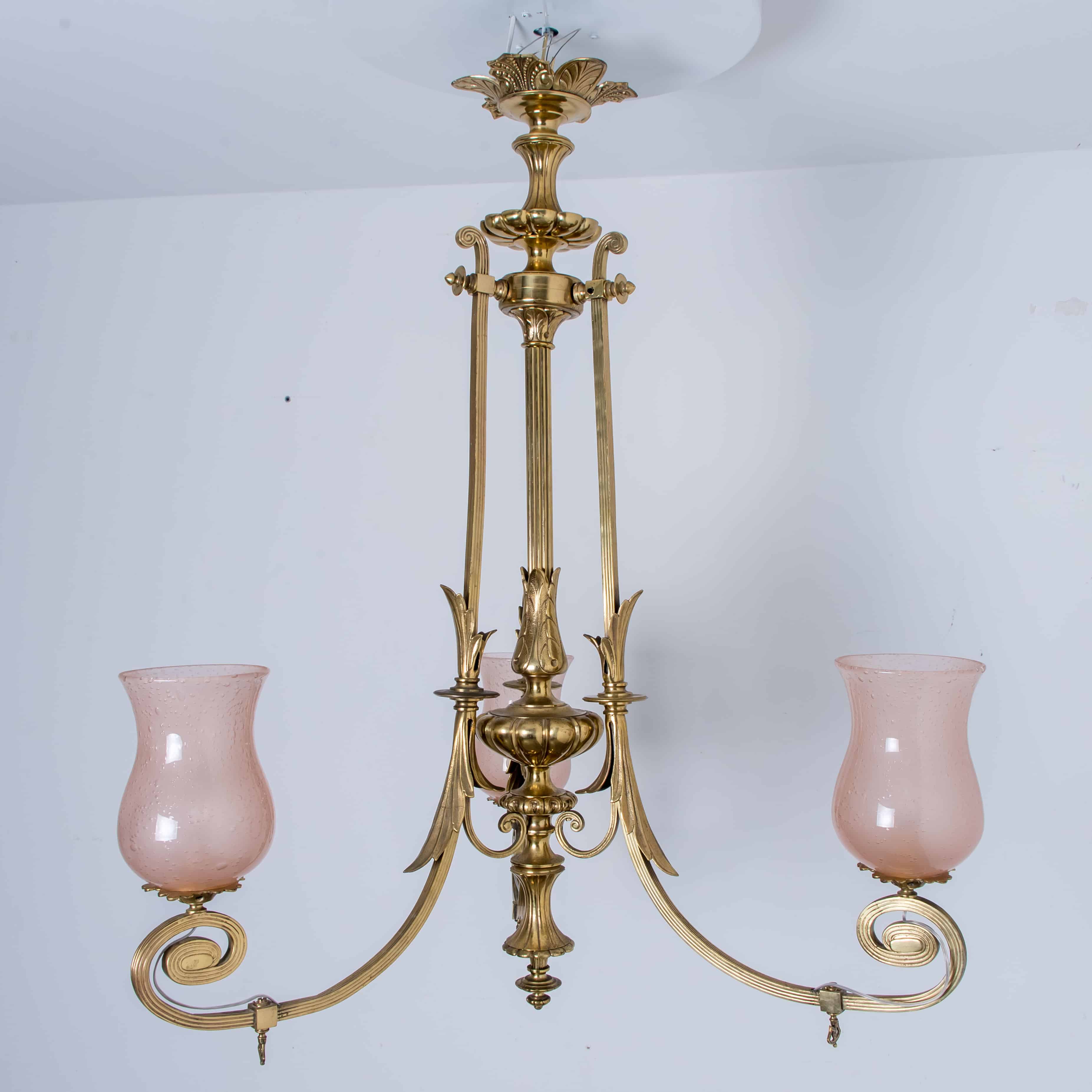 Stunning Art Deco Pink Glass Brass Chandelier, 1930