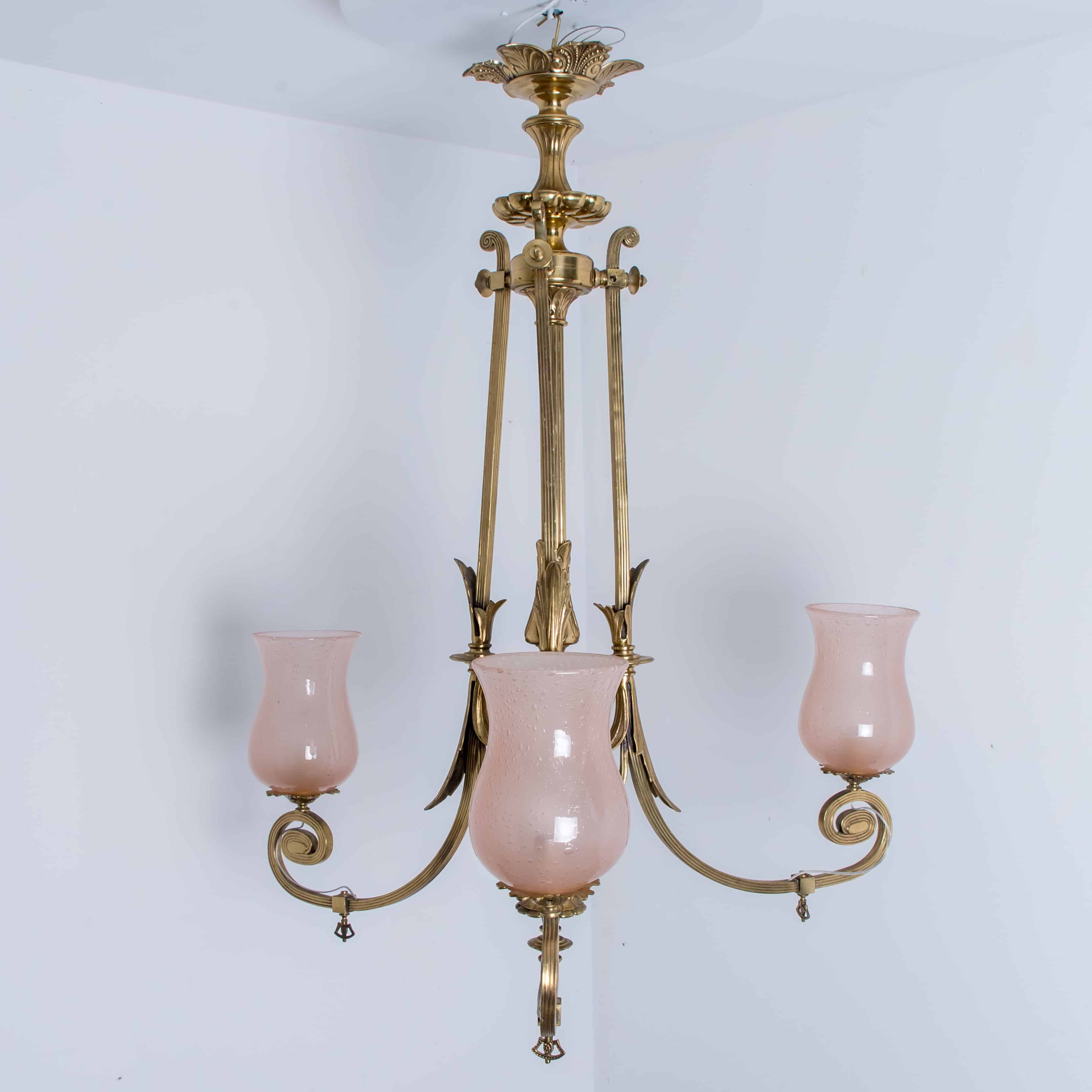 Stunning Art Deco Pink Glass Brass Chandelier, 1930