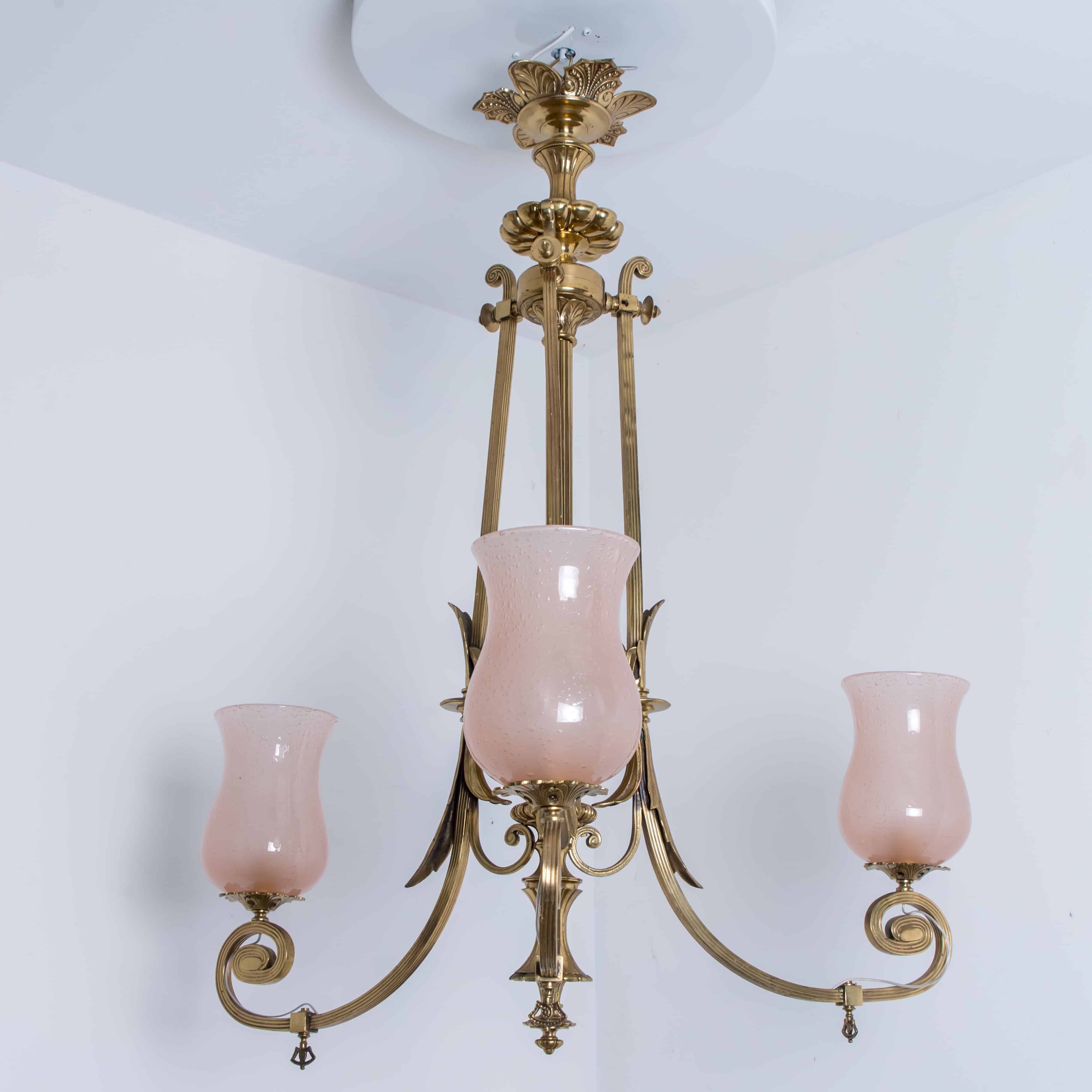 Stunning Art Deco Pink Glass Brass Chandelier, 1930