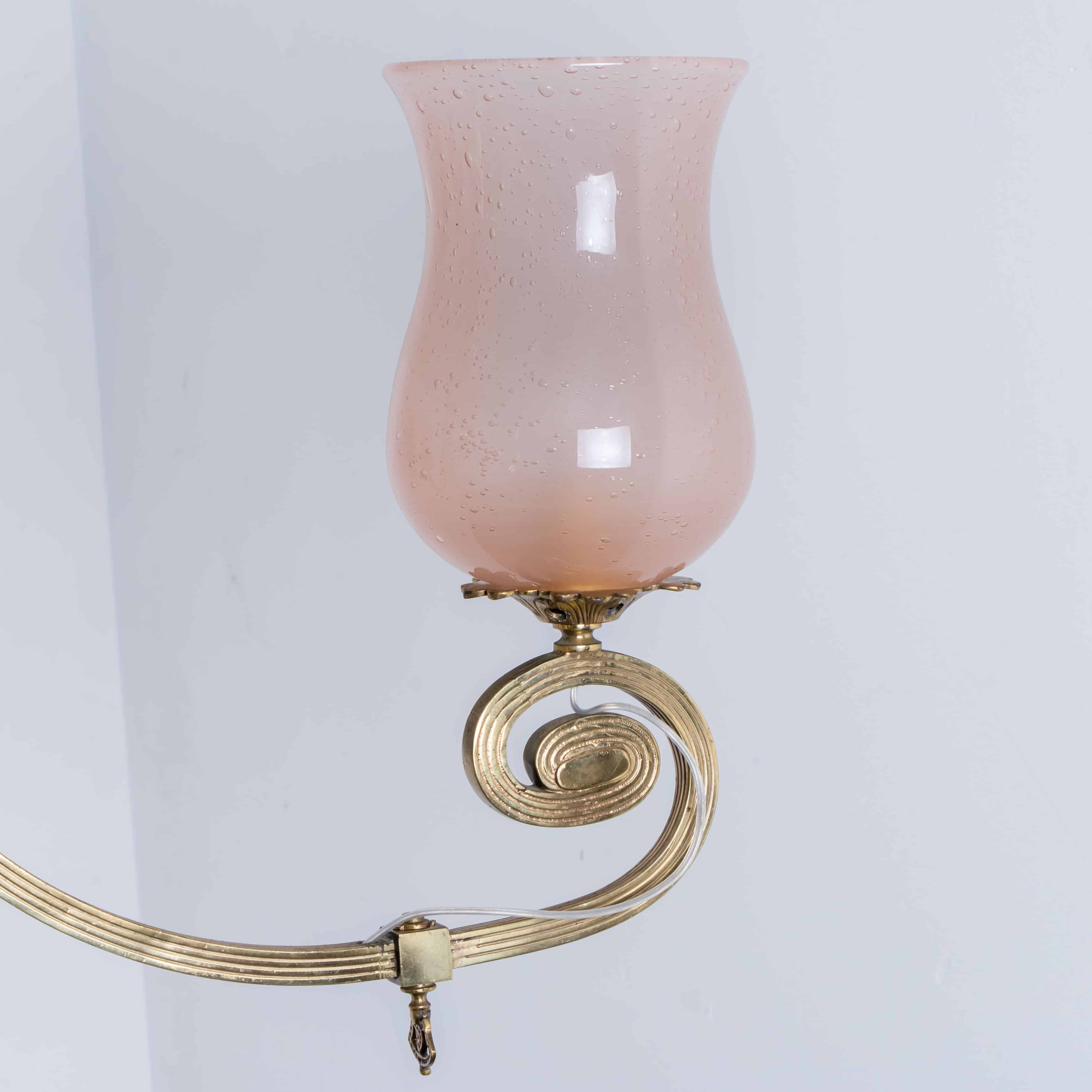 Stunning Art Deco Pink Glass Brass Chandelier, 1930