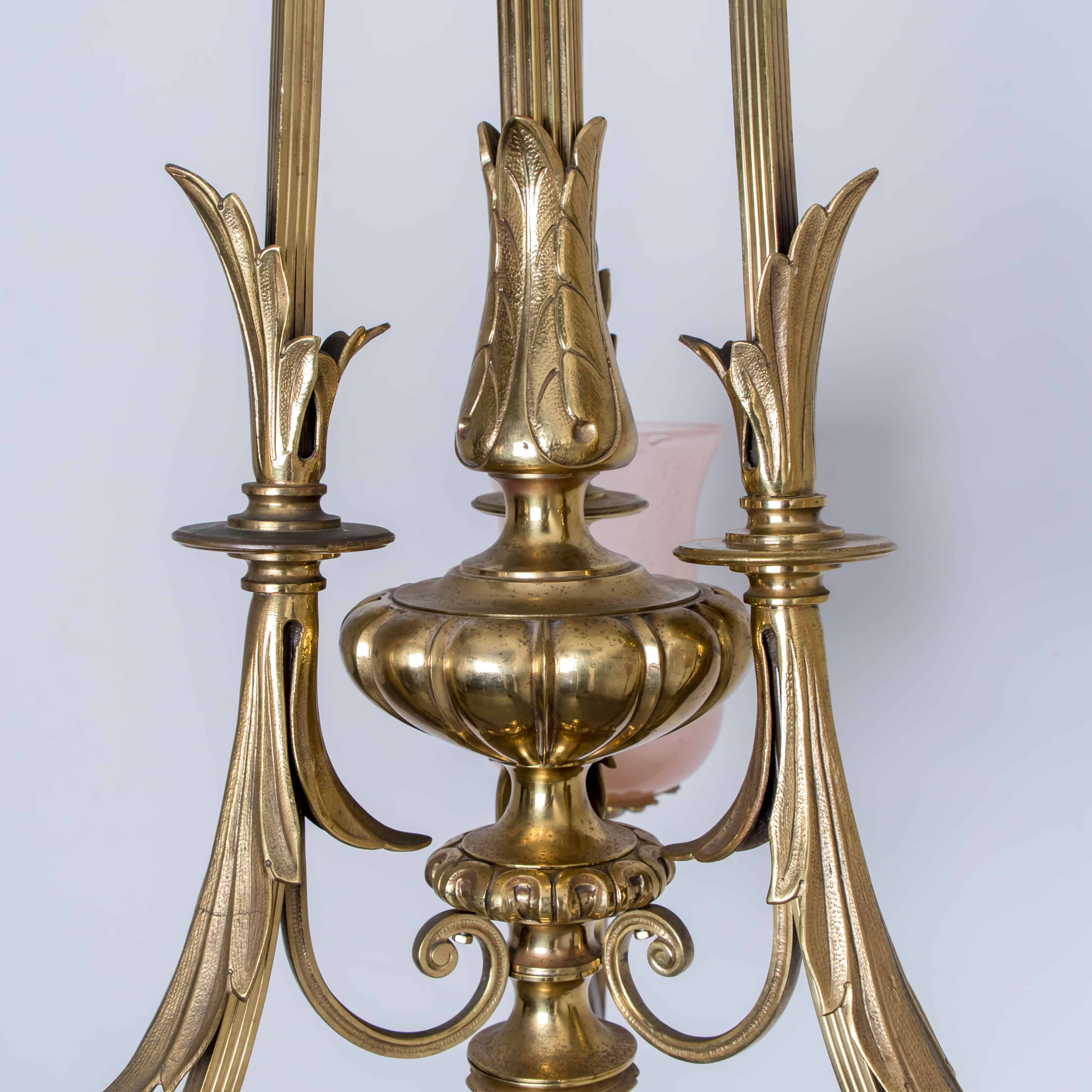 Stunning Art Deco Pink Glass Brass Chandelier, 1930