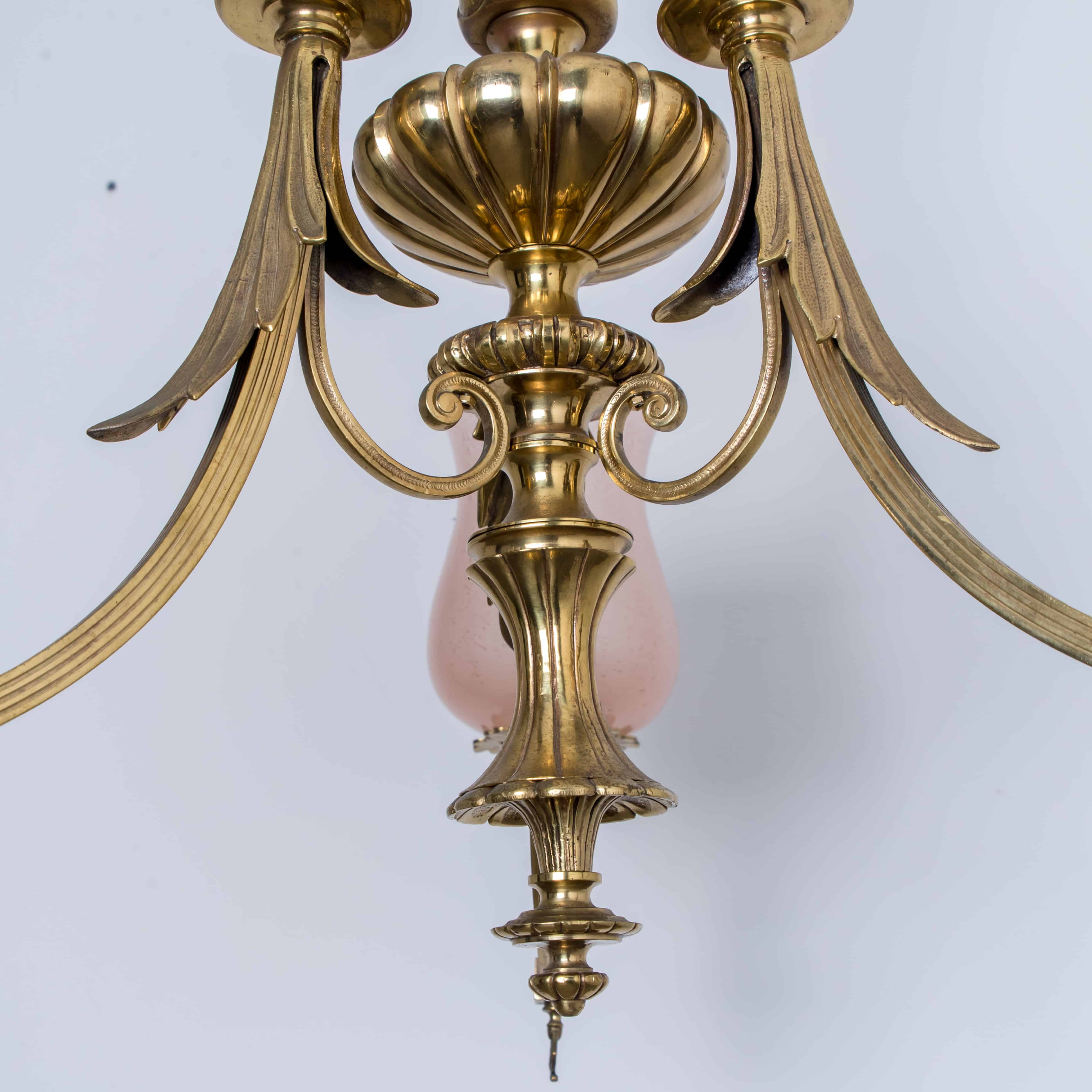 Stunning Art Deco Pink Glass Brass Chandelier, 1930
