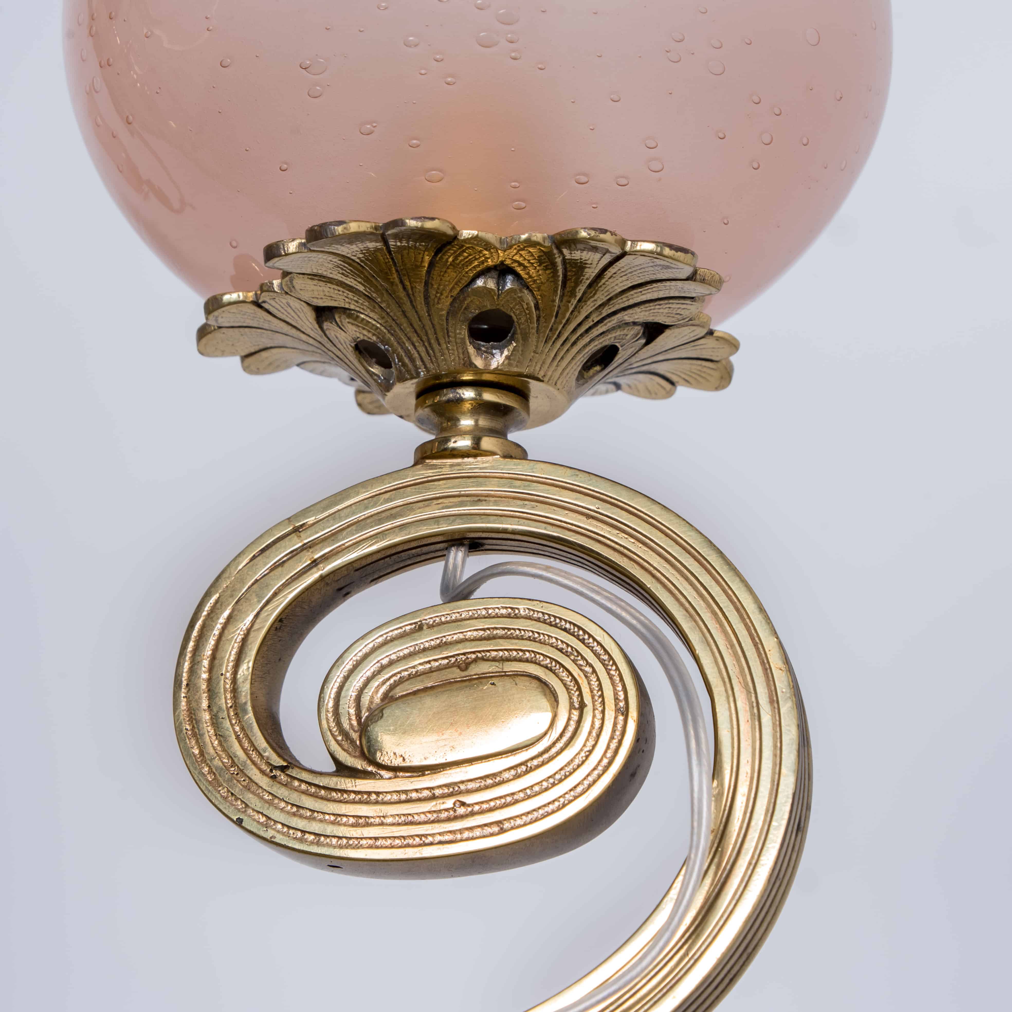 Stunning Art Deco Pink Glass Brass Chandelier, 1930