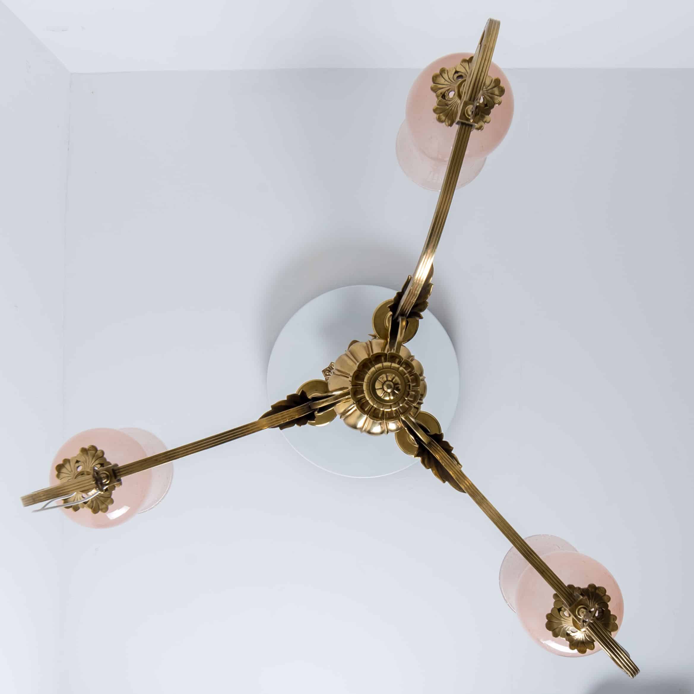 Stunning Art Deco Pink Glass Brass Chandelier, 1930