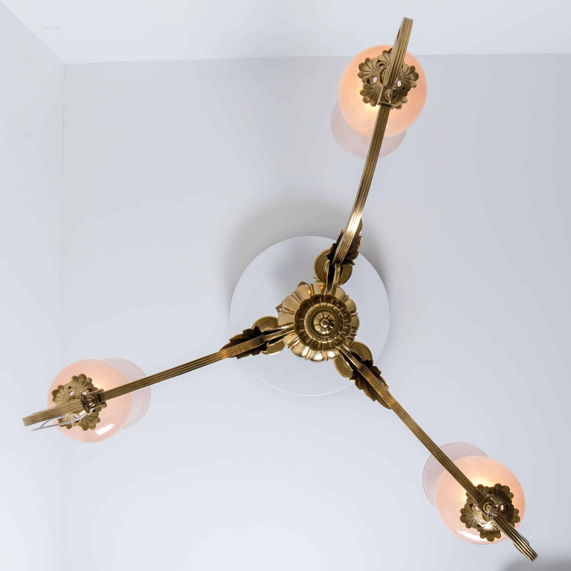 Stunning Art Deco Pink Glass Brass Chandelier, 1930